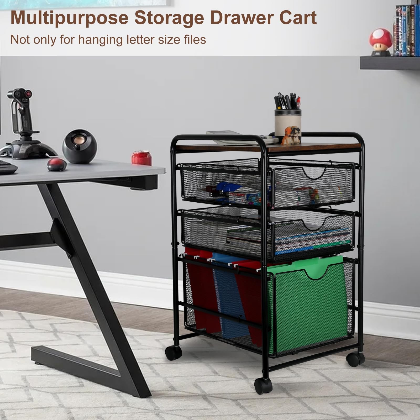 EasyPAG 3-Tier Rolling File Cart with 1 Large & 2 Small 3 Drawer, Black