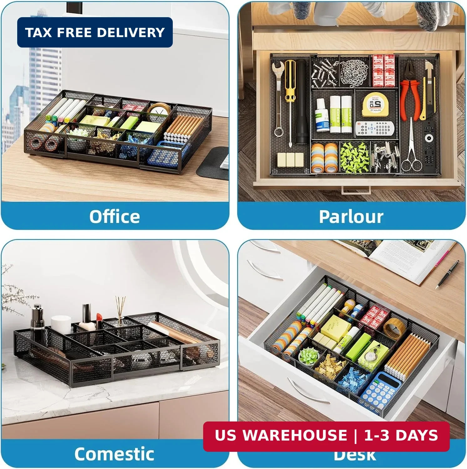 Marbrasse Expandable Desk Drawer Organizer, Mesh Drawer Organizer Tray with 10 A