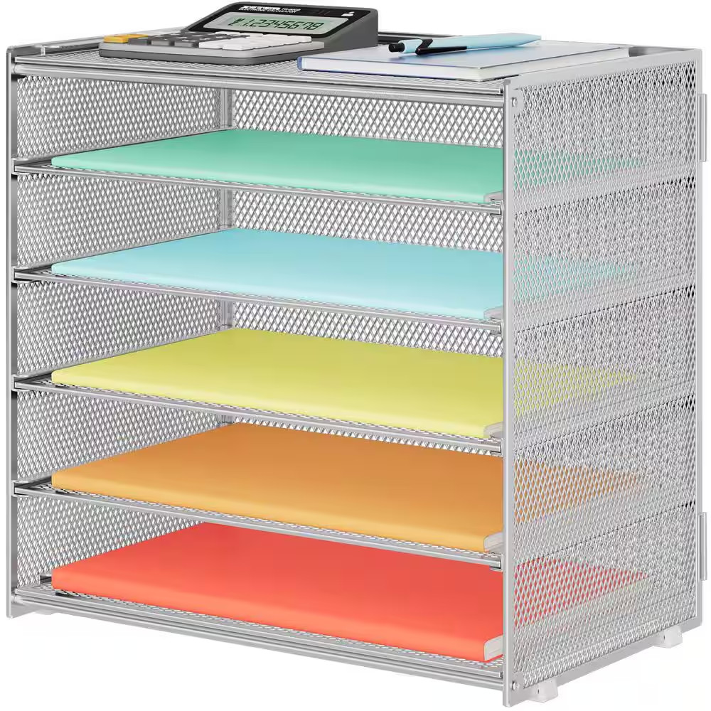 12.5 in X 13.25 in Silver Metal Paper Organizer Storage 6 Tier Letter Tray Desk