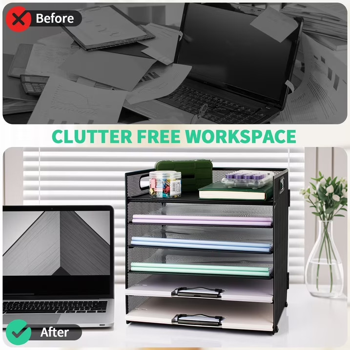 6-Tier Metal Mesh Desk Organizer with Handle Paper Letter Document Tray Black