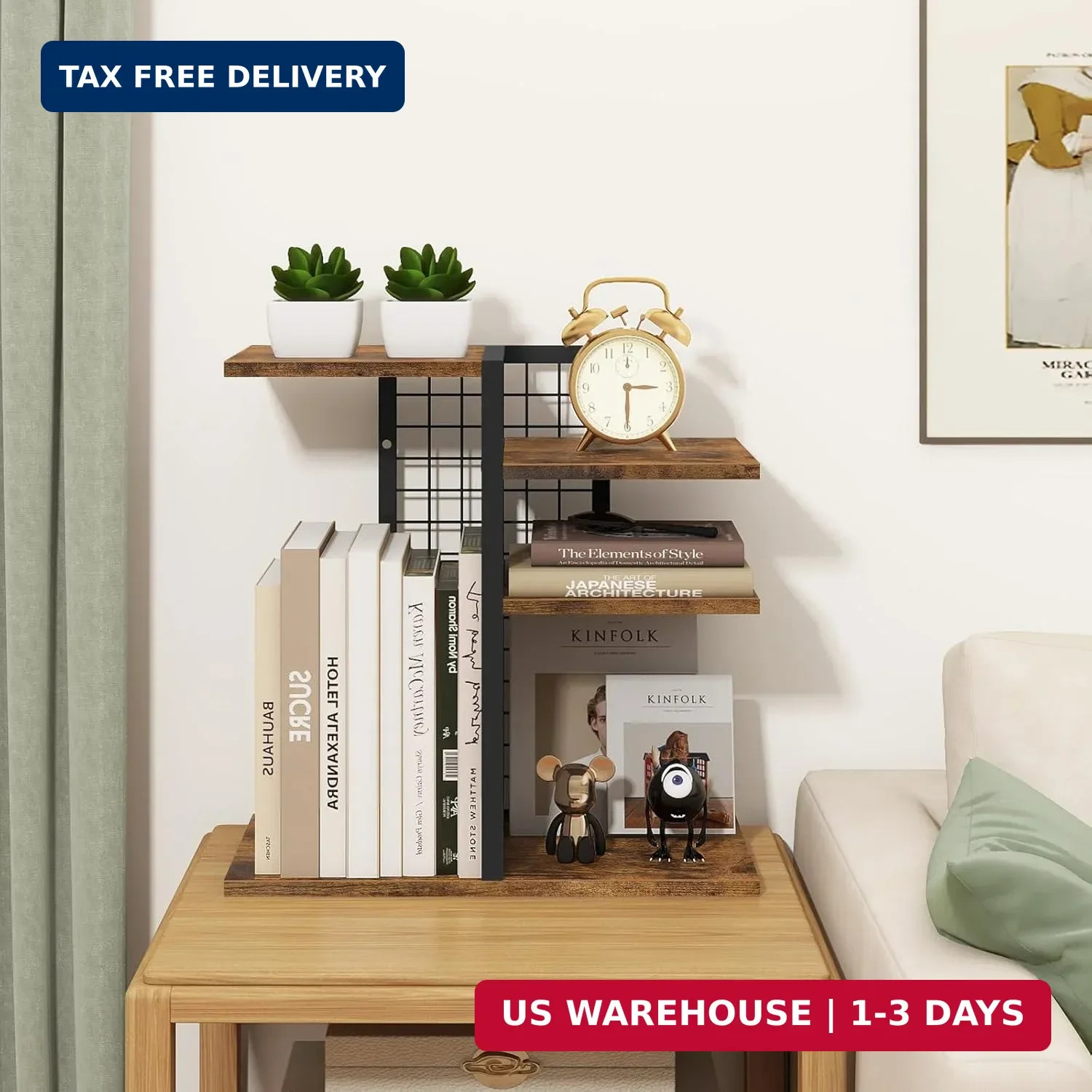 ELITEROO Desktop Shelf Organizer, 4-Tier Wooden Desk Bookshelf, Small Tabletop B