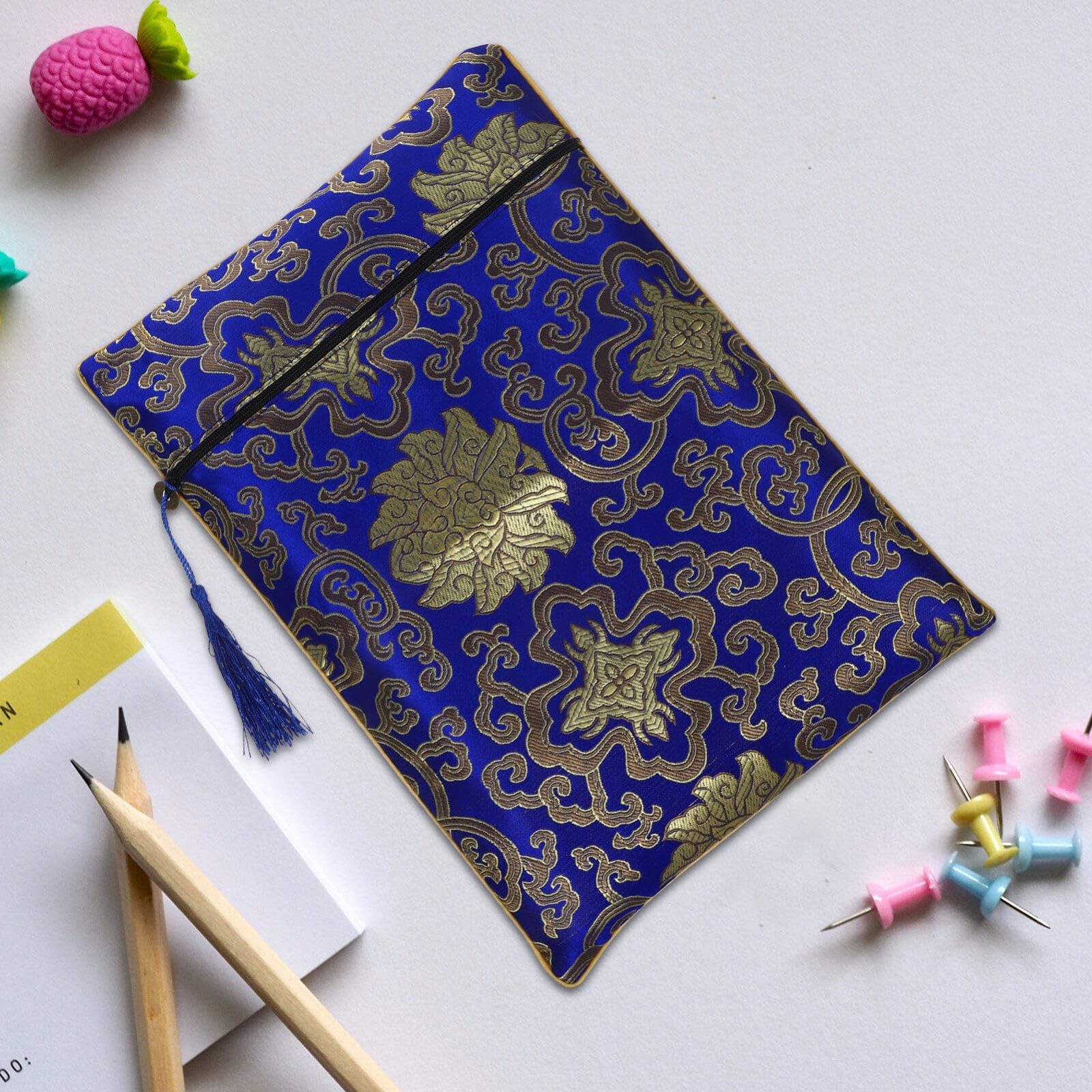 Chinese Style Zipper Storage Bag 13.4X9.4 in Multi-Purpose Pouch for Books No…