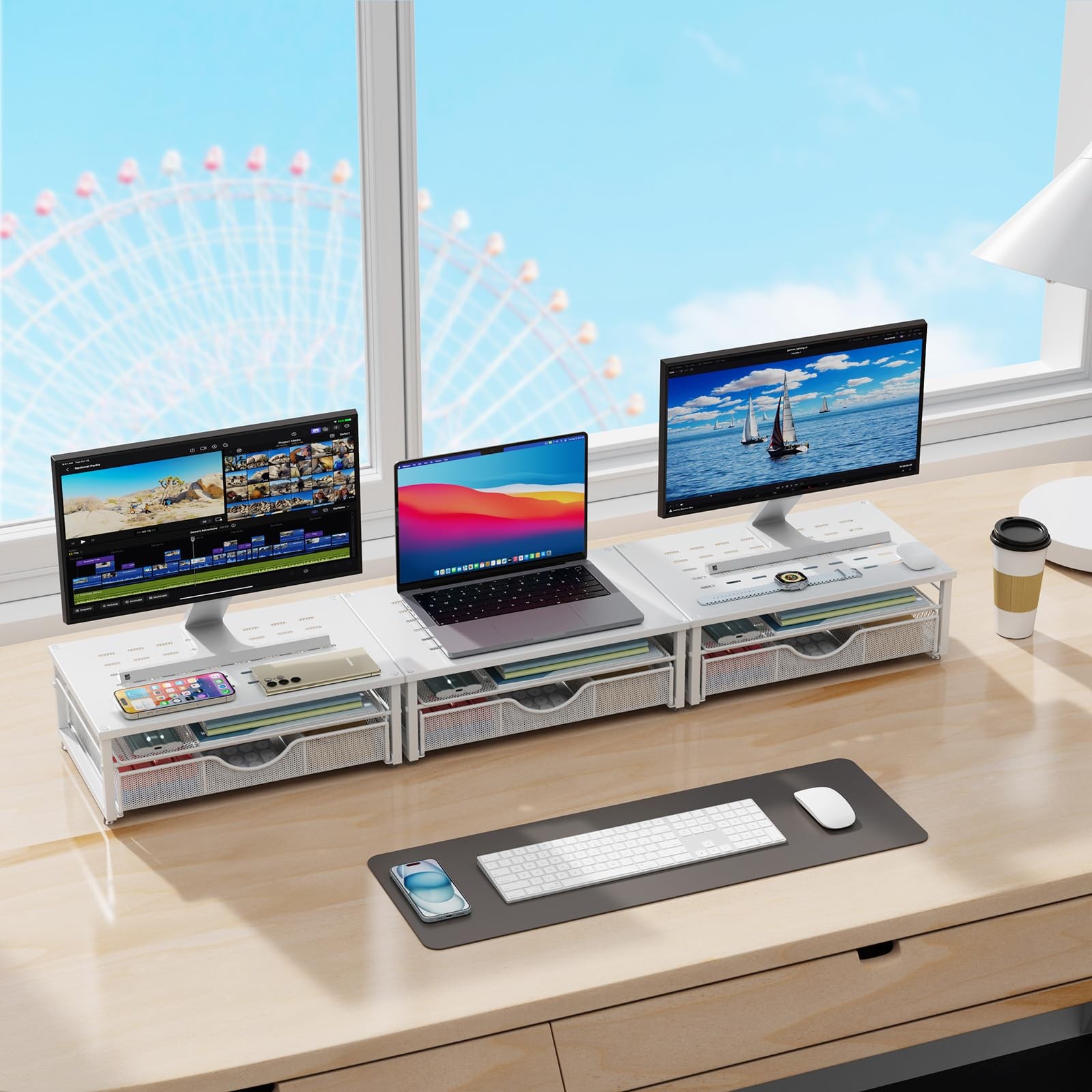 gianotter Computer Monitor Stand Riser, office organizer with Drawer, White