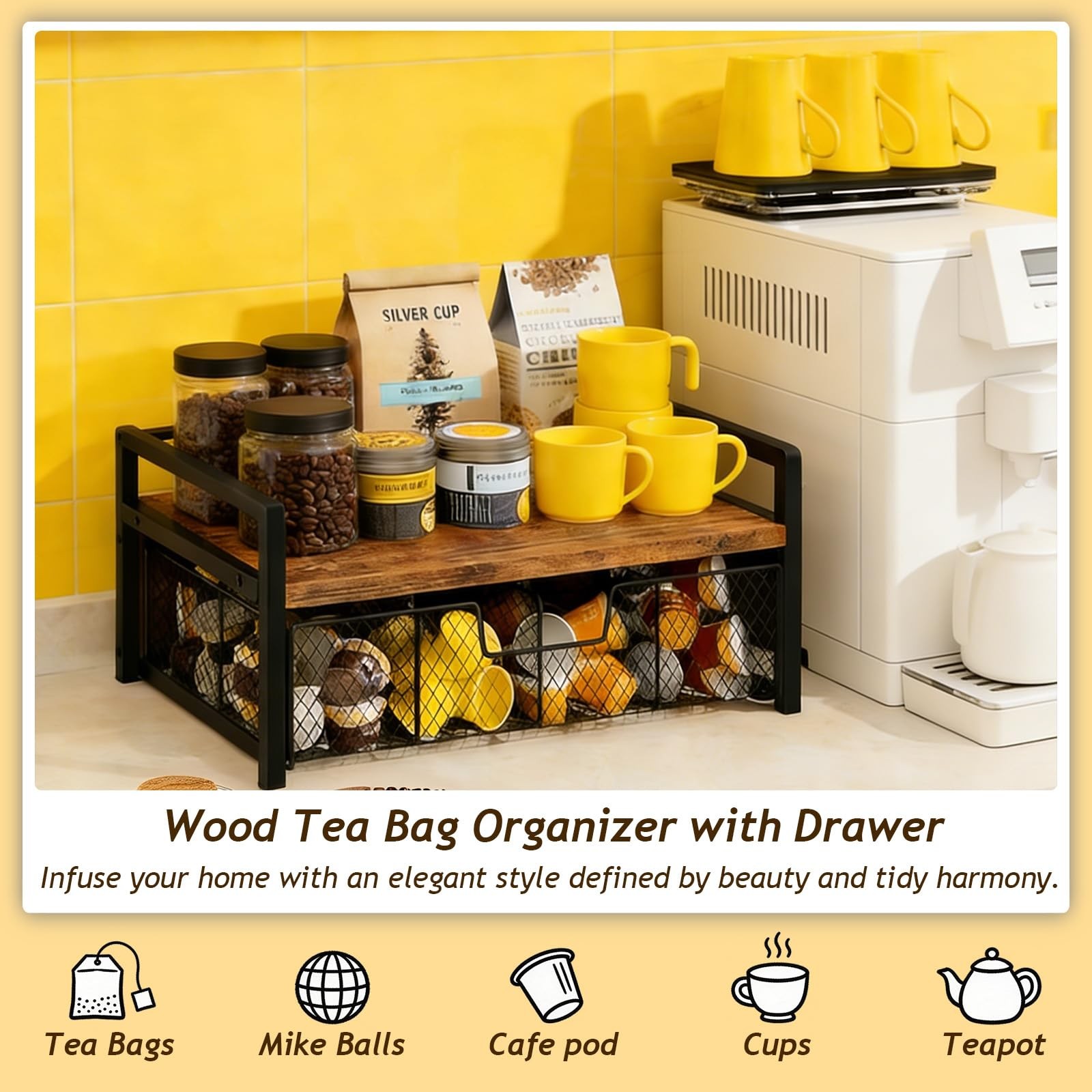 Tea Bag Organizer, Organizers and Storage with Drawer, Medium, Brown