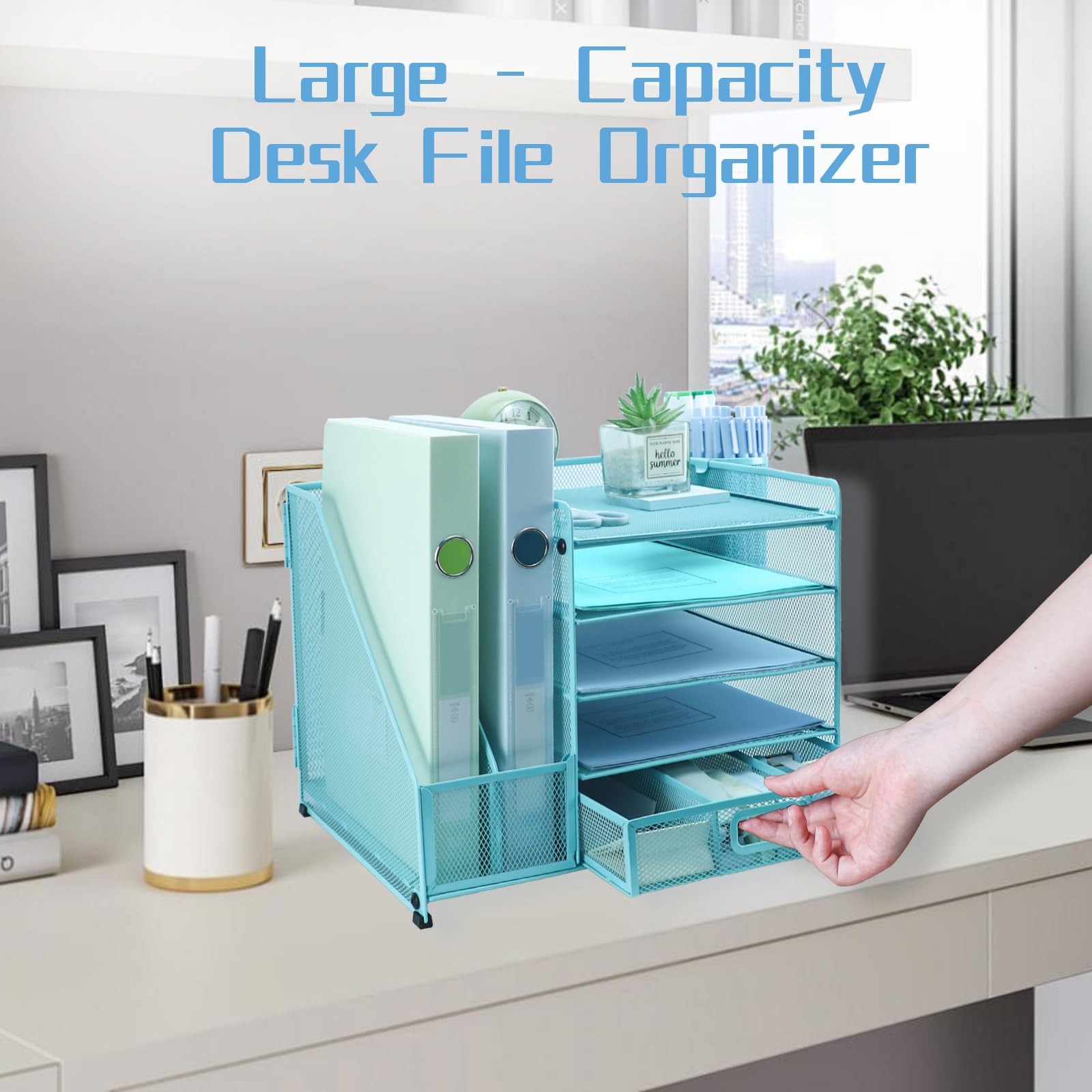 5 Tier Desk Organizer File Holder 2 Pen Holder Letter Tray Drawer Sky Blue