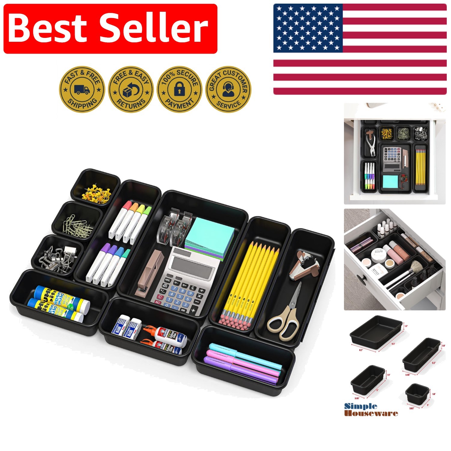10-Pack Stylish Black Interlocking Desk Drawer Organizer – Space-Saving Solution