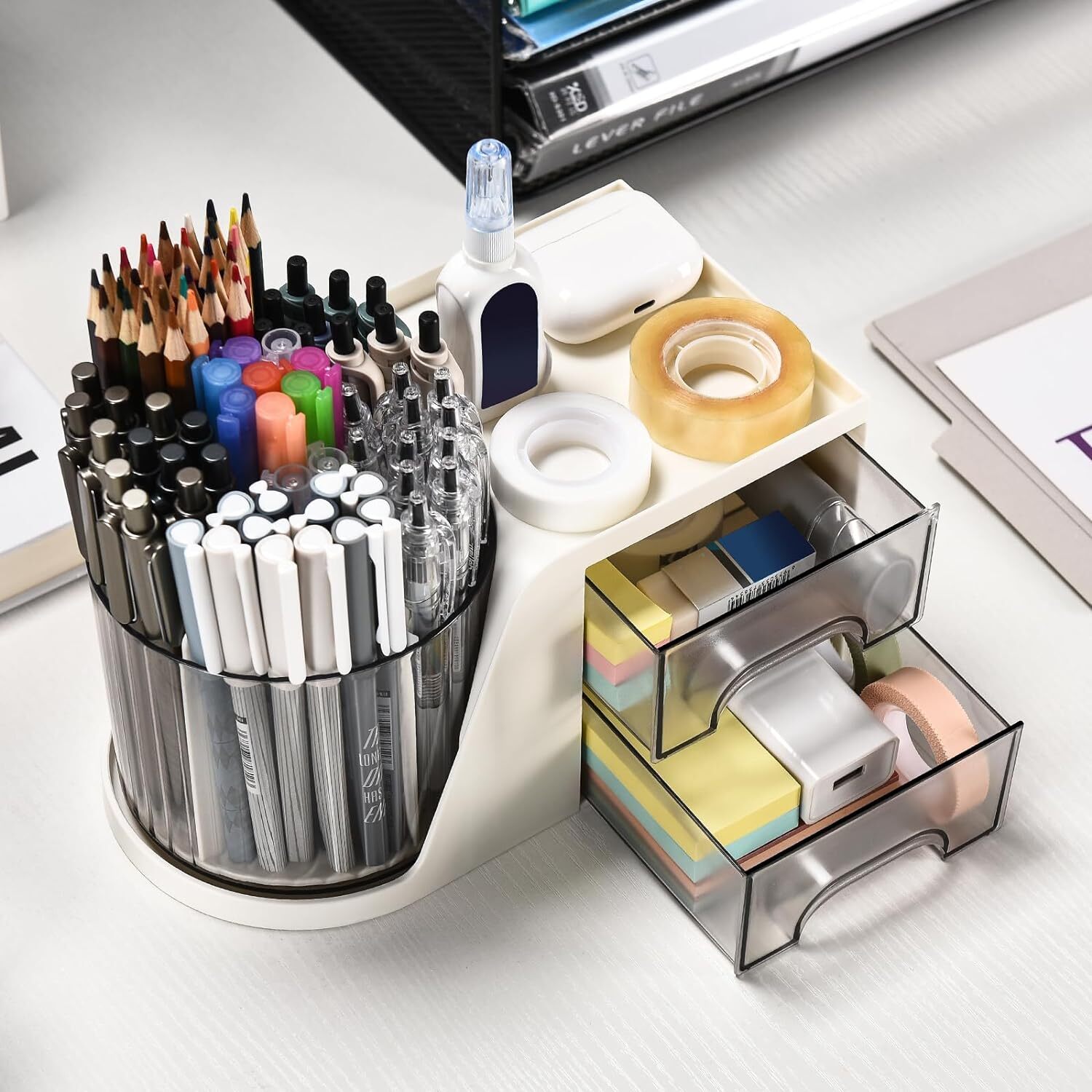 Rotating Desk Organizer with 2 Drawer Pencil Pen Holder for Desk Desk Organizers