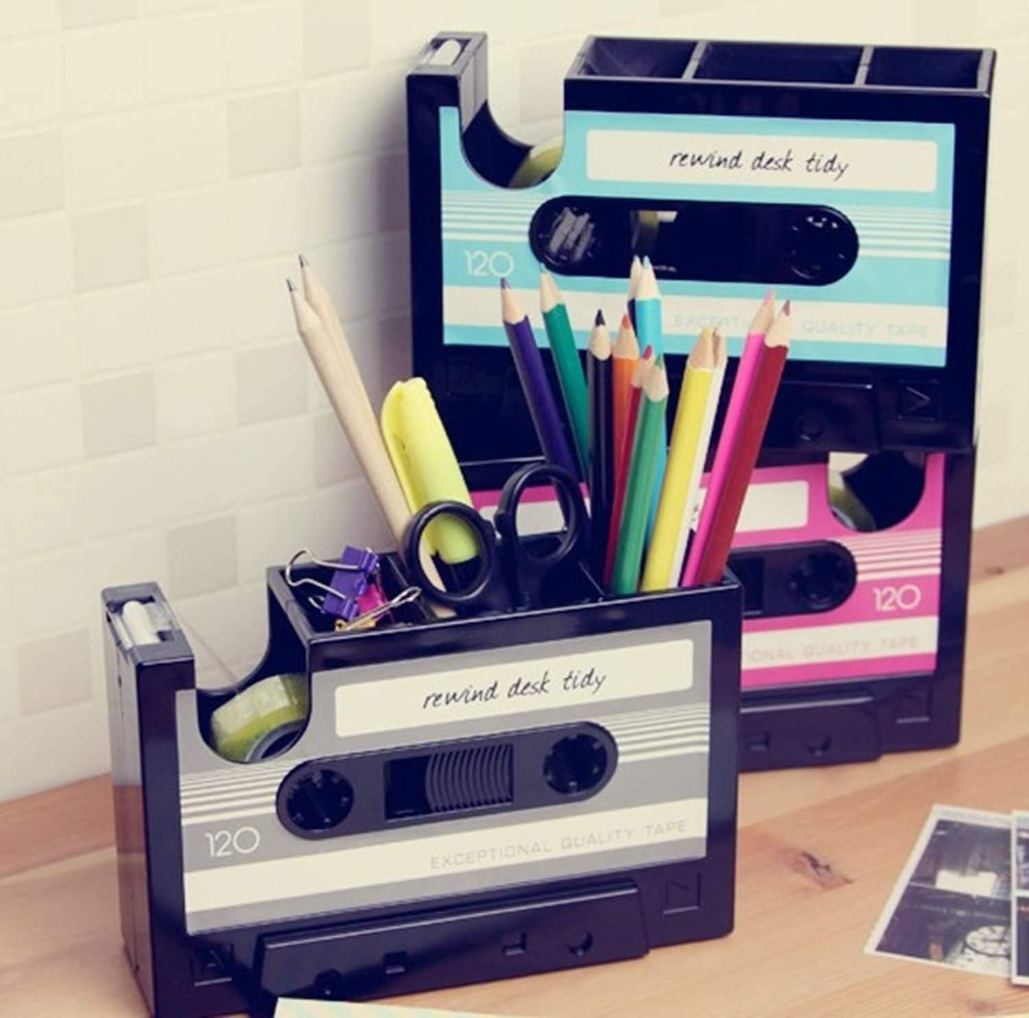 Blue Multifunctional Cassette Tape Dispenser & Pen Holder for Creative Spaces