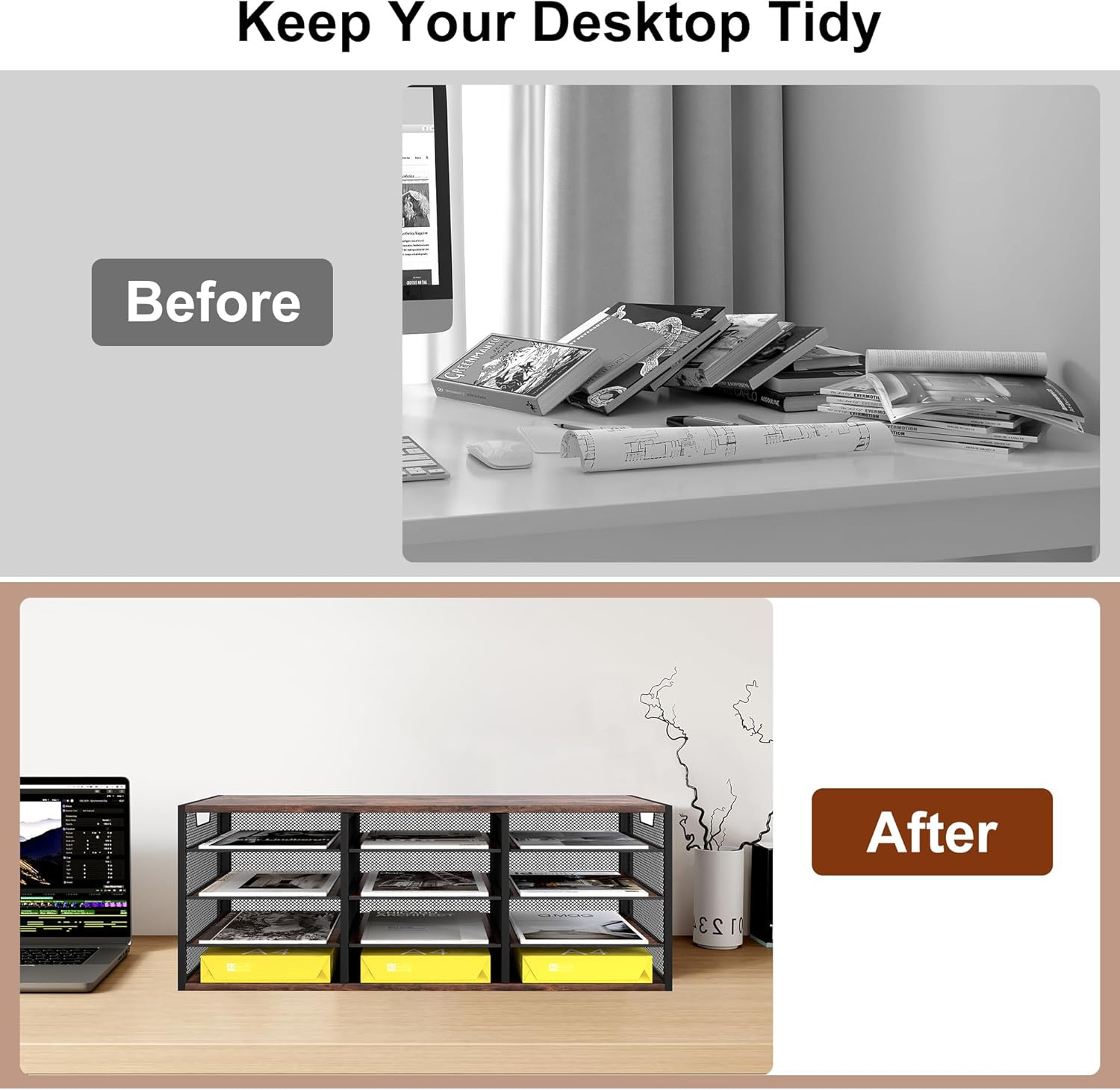 Stylish 12-Compartment Metal & Wood Desktop Organizer for Office & Classroom