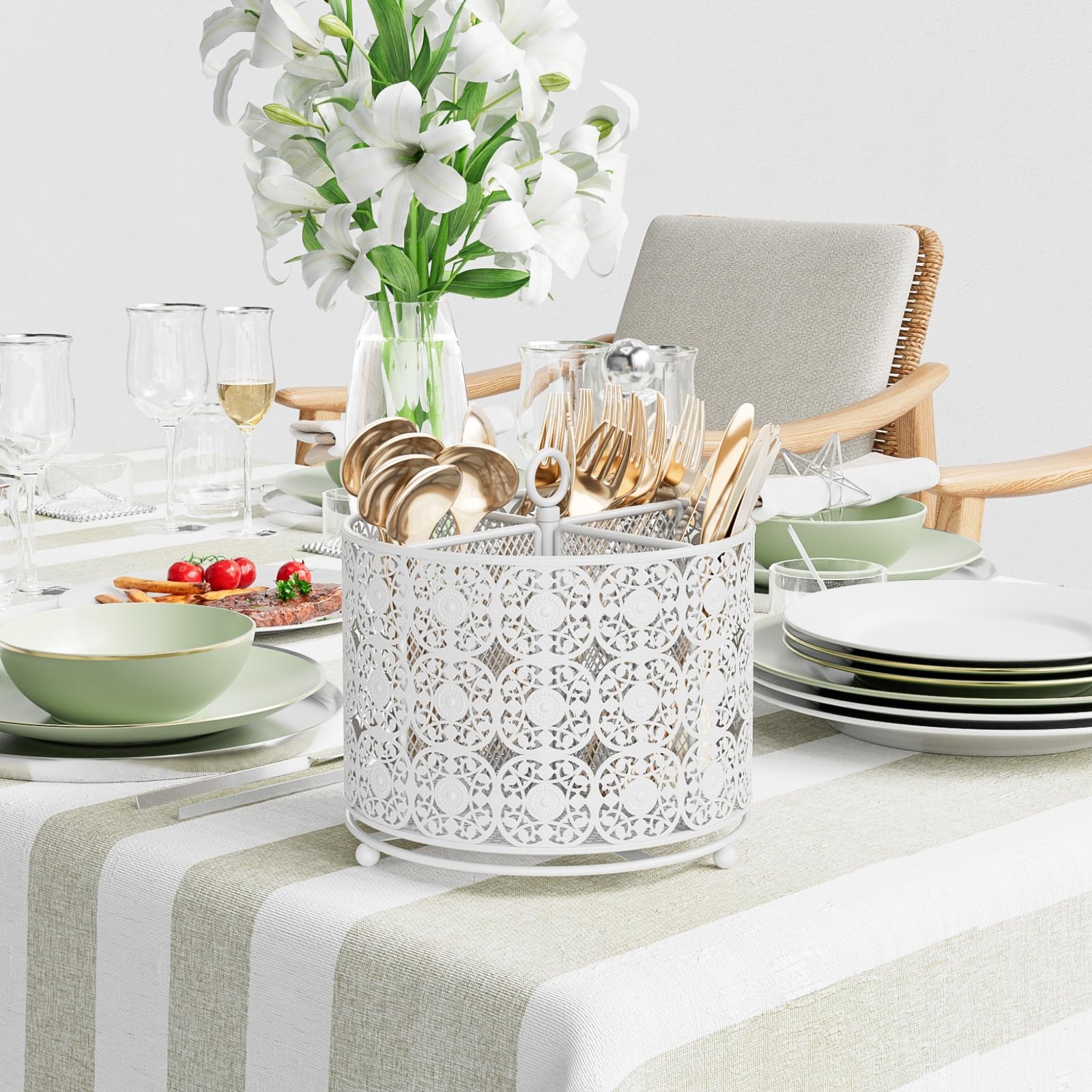 YIUKEA Rotating Utensil Caddy Holder – Higher Raised Cutlery White