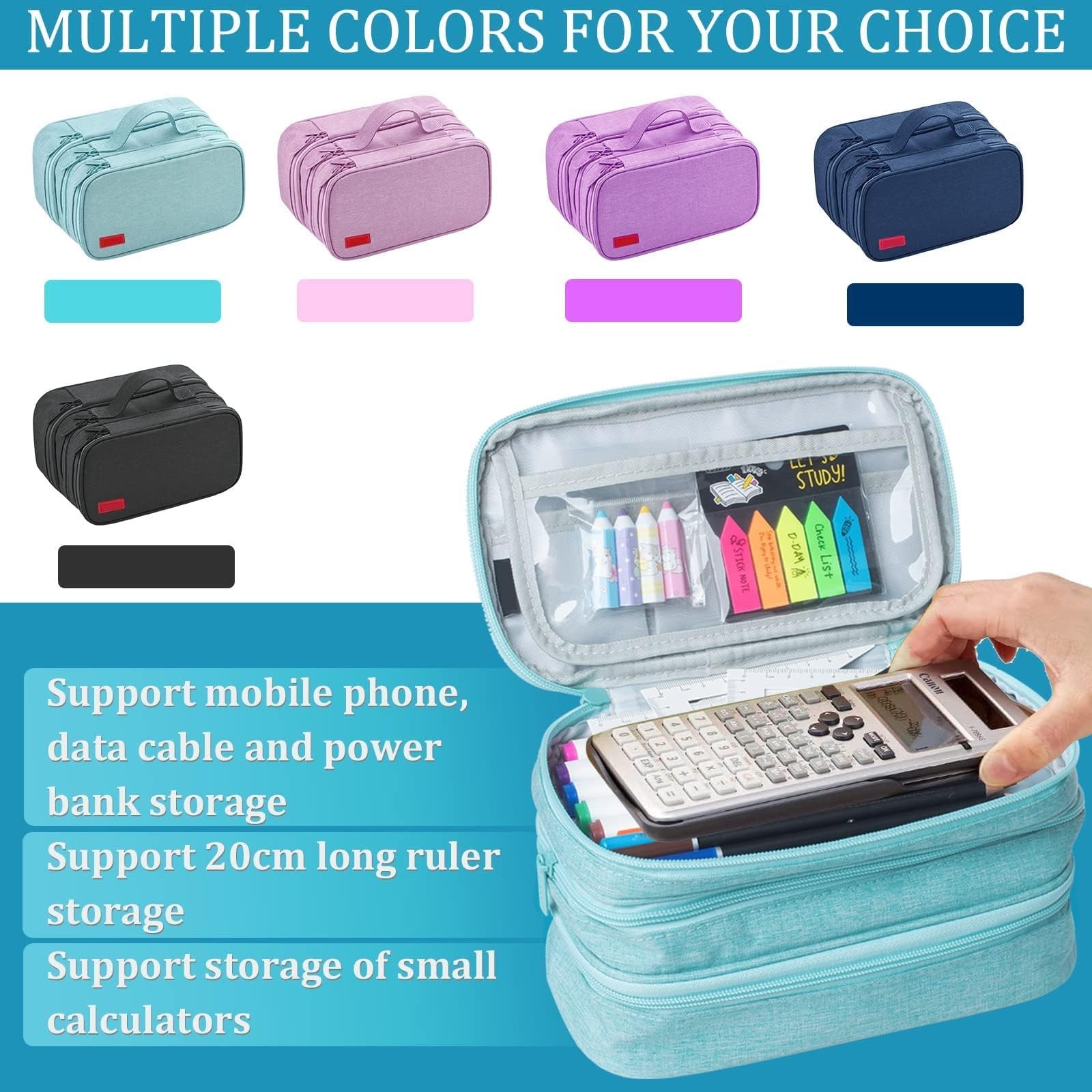 Large Capacity Pencil Case Pouch with 3 Compartments Portable Canvas Statione…