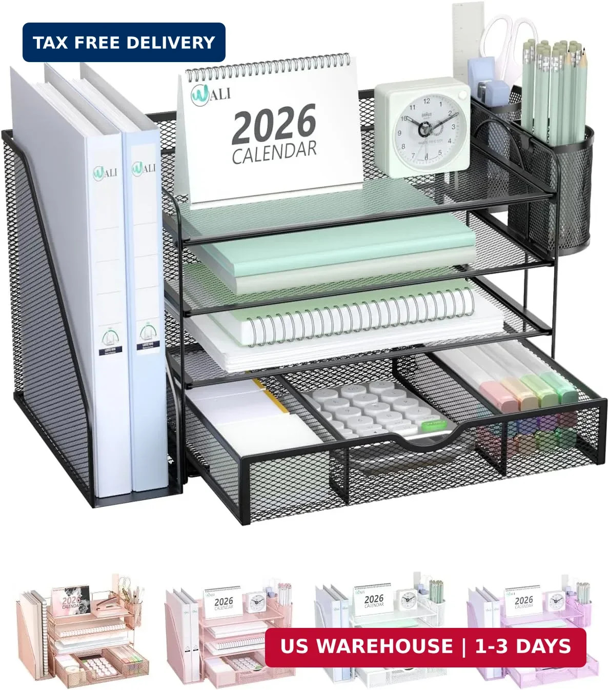 WALI Desk File Organizer, 4 Tier Desktop Paper Letter Tray Organizer with Drawer