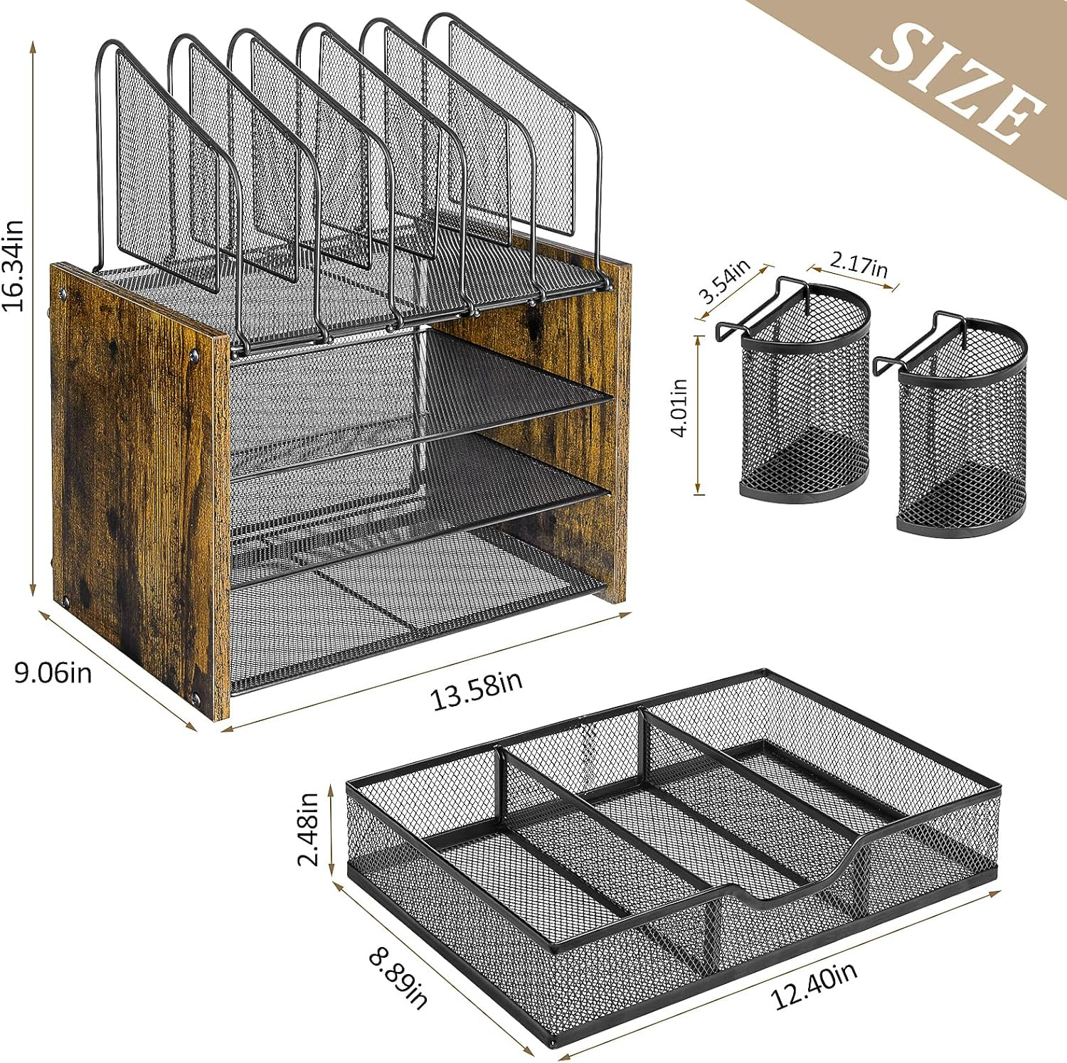 DAOUTIME 4-Tier Mesh Desk Organizer, Wooden Desk File Organizer with 5 Vertical