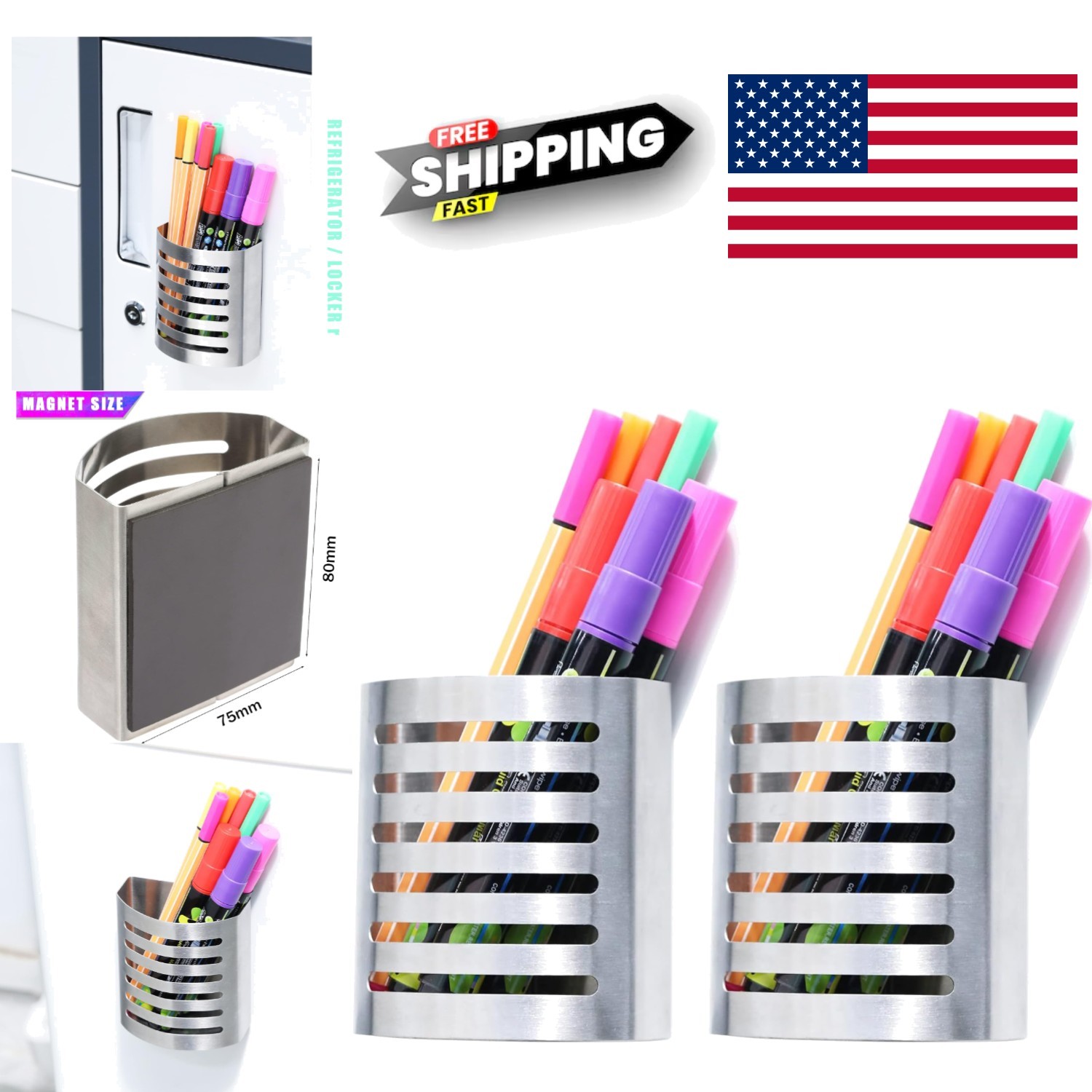 2 Pack Metal Writing Utensil Organizer Stylish Silver Magnetic Storage Solution