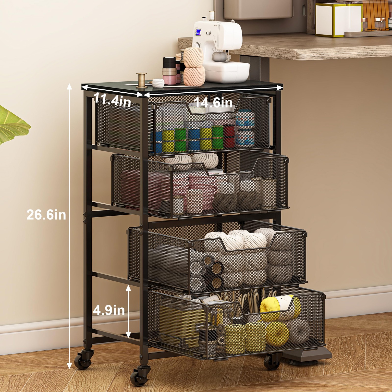Rolling Cart with Drawers, 4-Drawer Storage on Wheels 4 Black