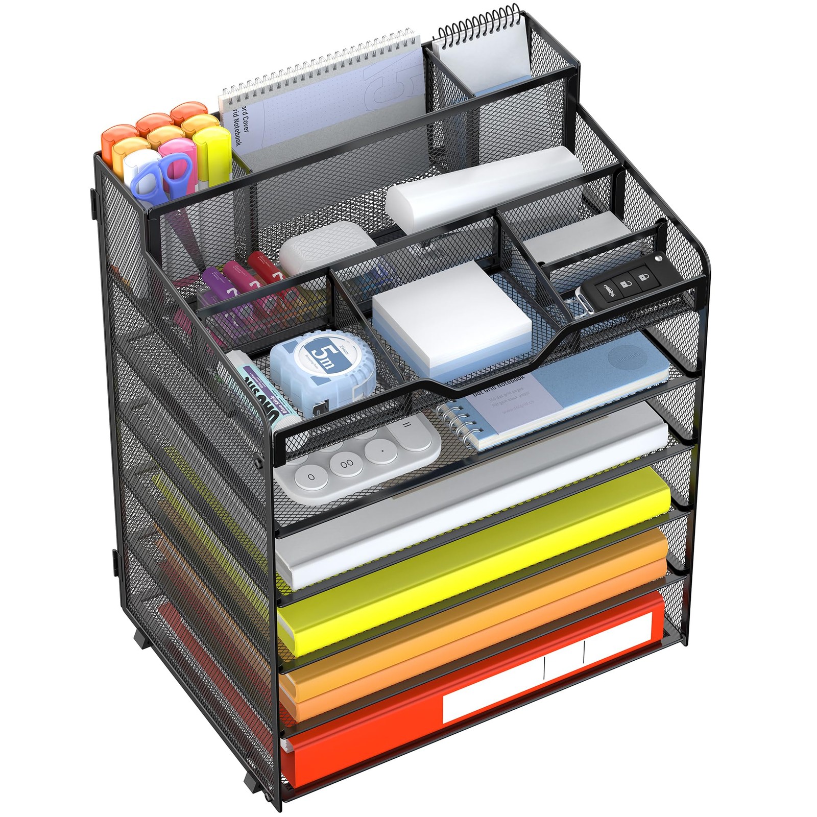 Mesh Desk Organizer, 6Tier Paper Tray with Pen Holders, Black