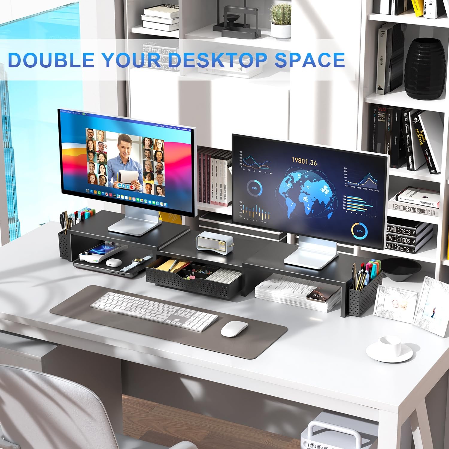 gianotter Dual Monitor Stand Riser, Desk Organizer With Drawer and 2 Black