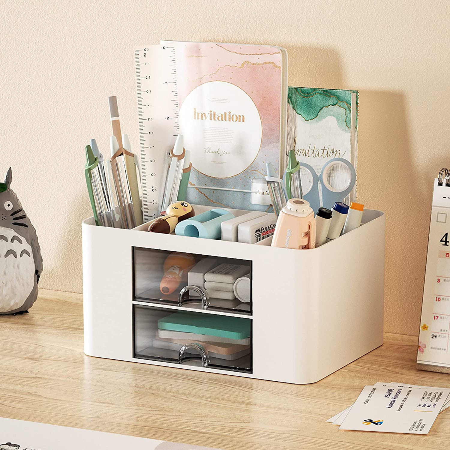 Pen Organizer with 2 Drawer, Multi-Functional Pencil Holder for Desk, Desk Organ