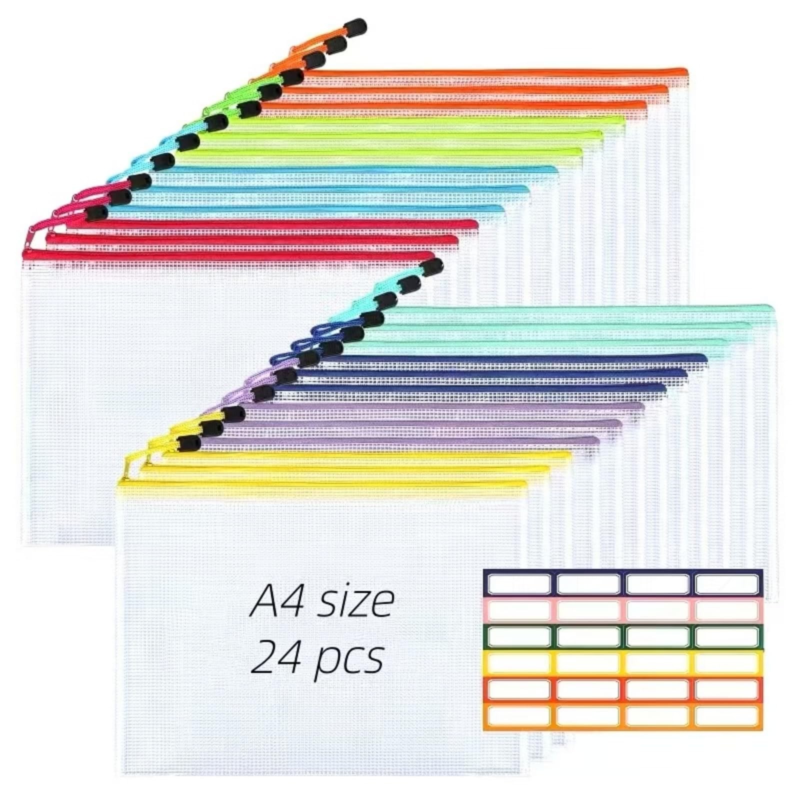 A4 Mesh Zipper Pouches, 24Pcs 8 Colors – Plastic Zipper Bags for Organizing, Sch