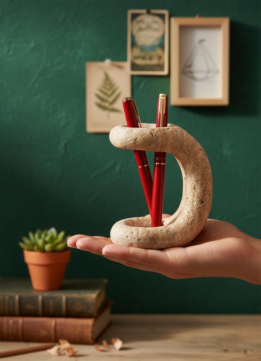 Marble Pen Holder for Desk 4 Inch Travertine Pencil Holder for Desk Accessori…