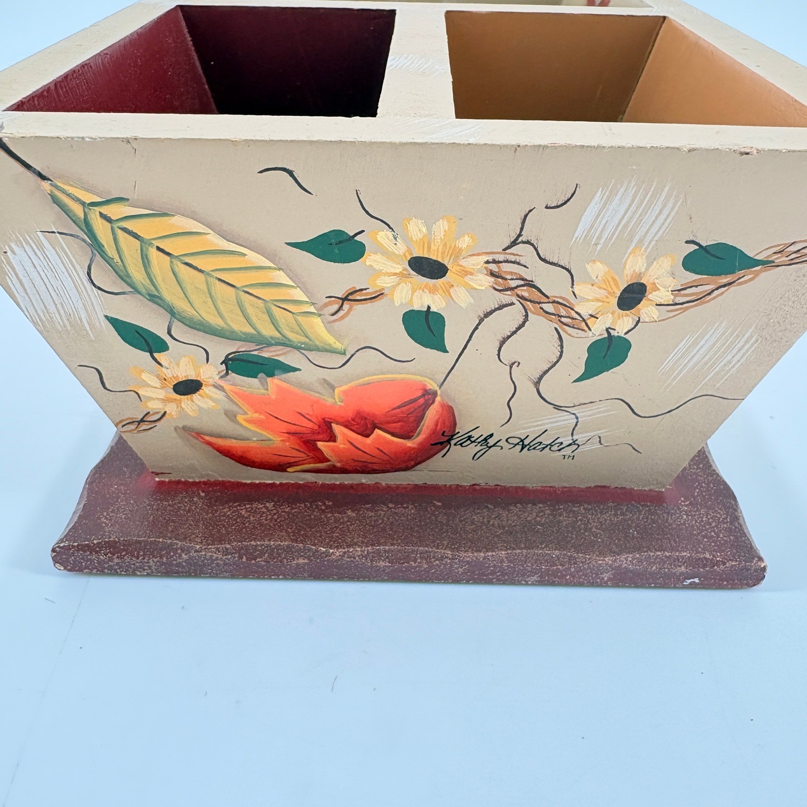 Kathy Hatch Hand Painted Wood Desk Organizer Fall Leaves Floral Autumn Caddy