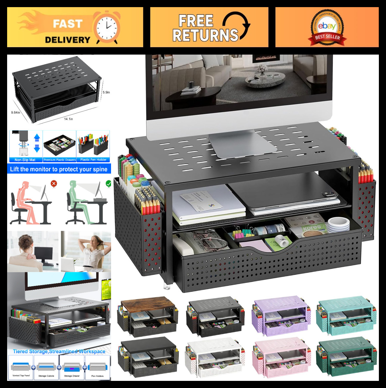Desktop Organizer with Drawer & 2 Pen Holders – Monitor Stand for Office & Dorm