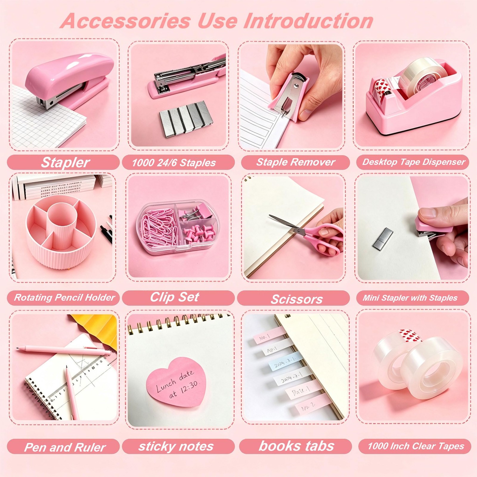 Office Supplies Set Rotating Pen Holder for Desk with Stapler Staple Tape Dis…