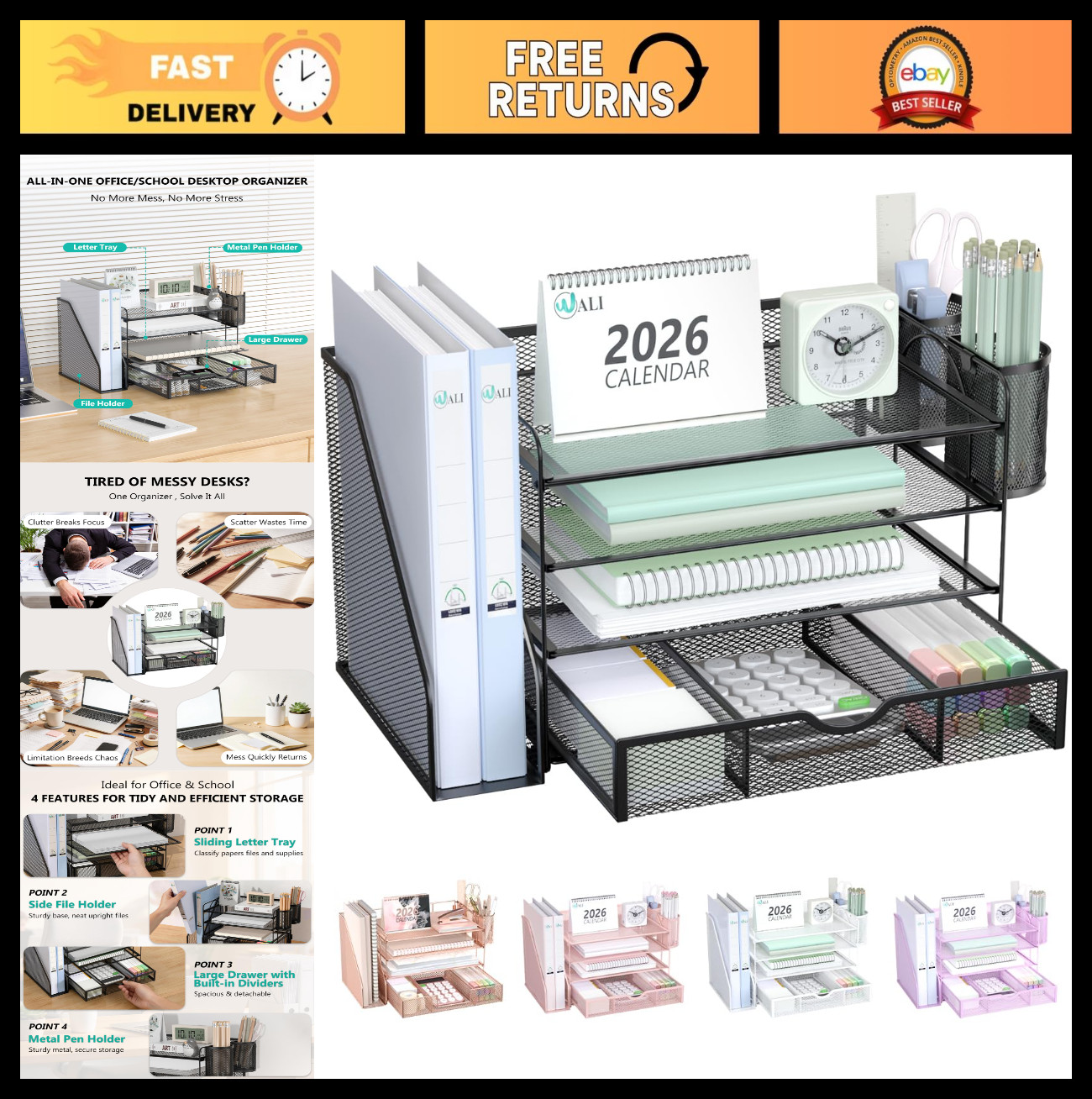 4-Tier Desktop File Organizer with Drawer & 2 Pen Holders – Office Desk Accessor
