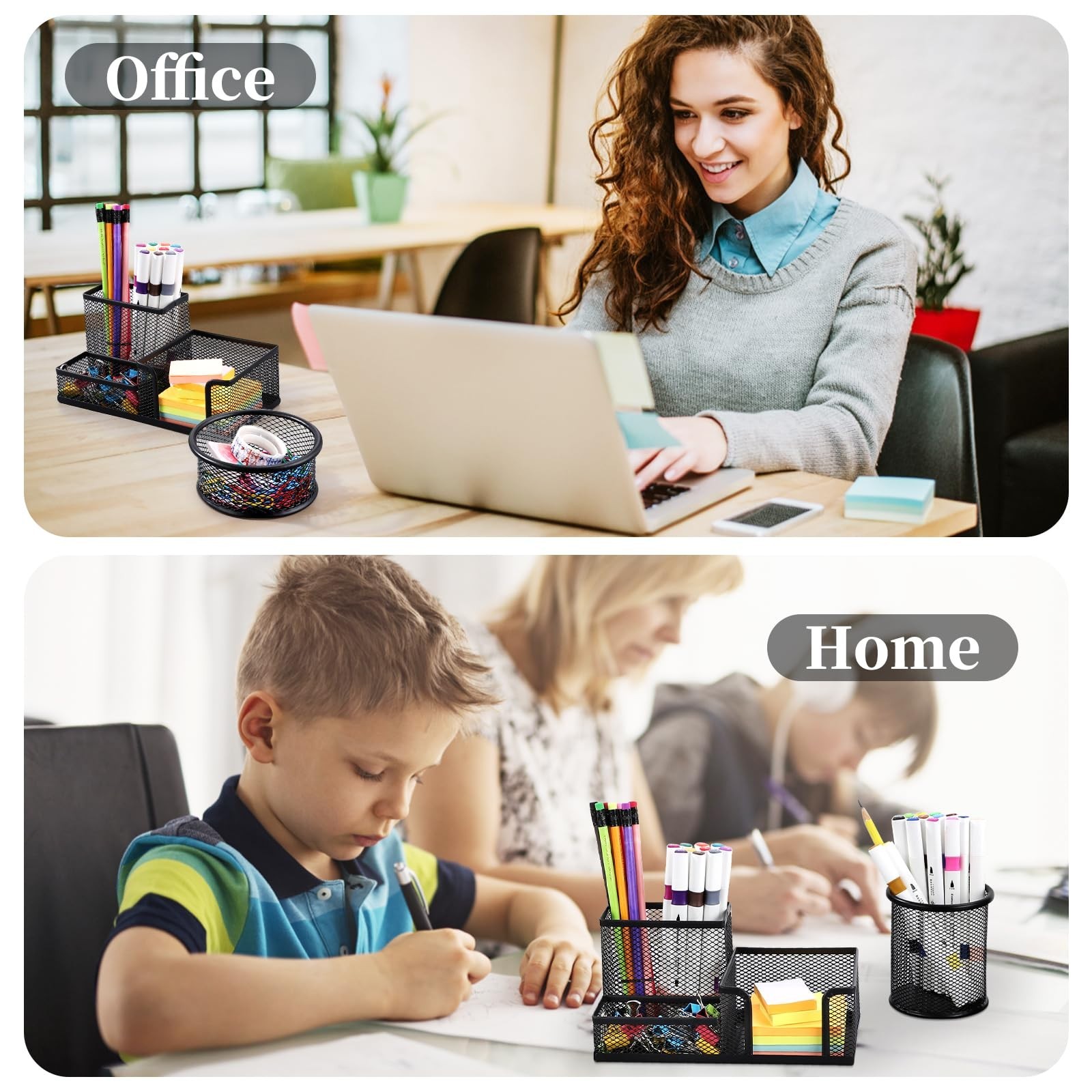 2-Piece Mesh Metal Desk Organizer Set – Pen Cup & Sticky Notes Holder, Black