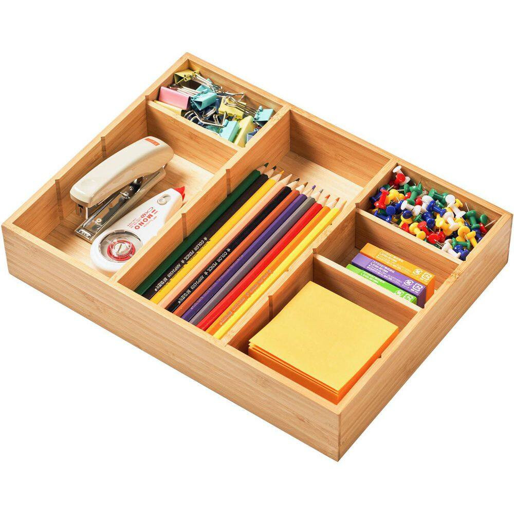 Natural Bamboo Desk Drawer Organizer with Adjustable Compartments, Office Storag