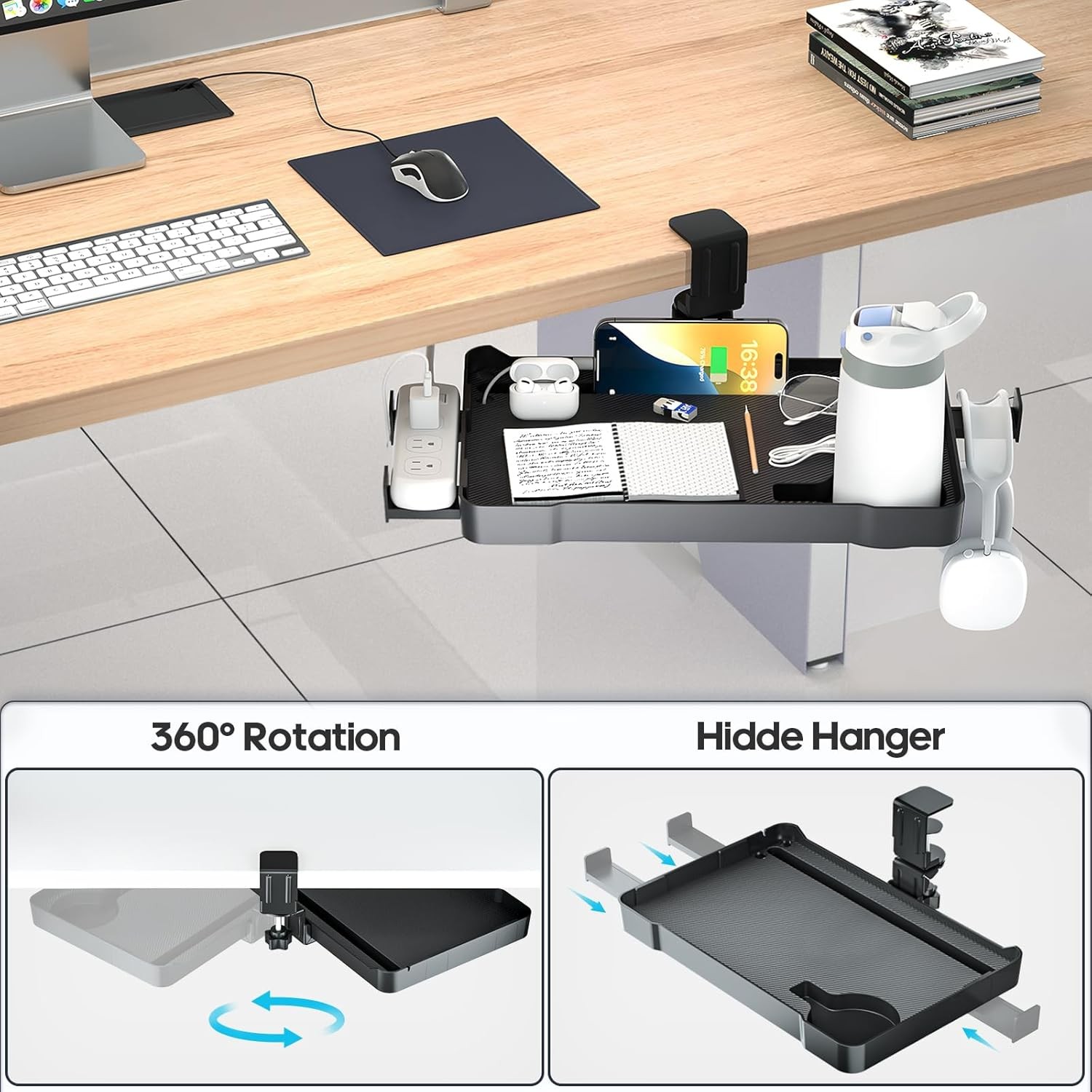 Under Desk Organizer 360° Rotating Clamp-On Tray W/ Headphone Hook Phone