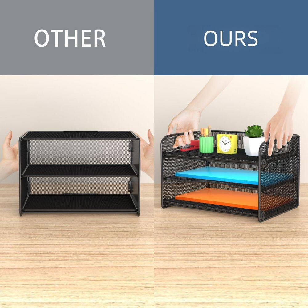 Black 12.8 In. X 1 1.22 In. Mesh 3-Tier Letter Tray Paper Organizer with Handle