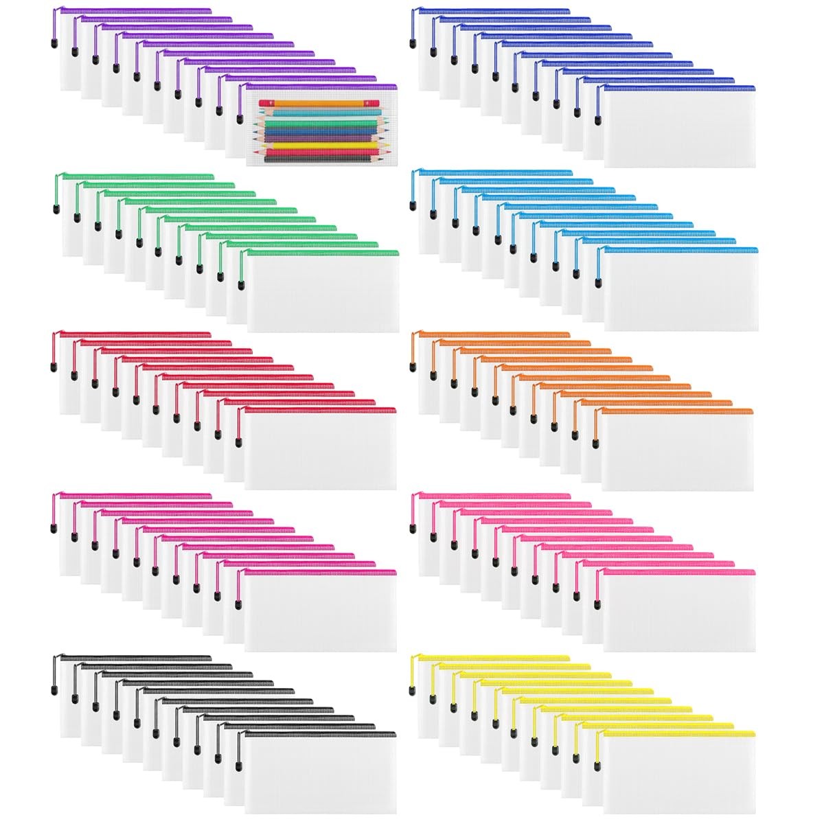 100 PCS Pencil Case Pouch Bulk 9.5”x4.5” Clear Mesh Zipper 10 Colors