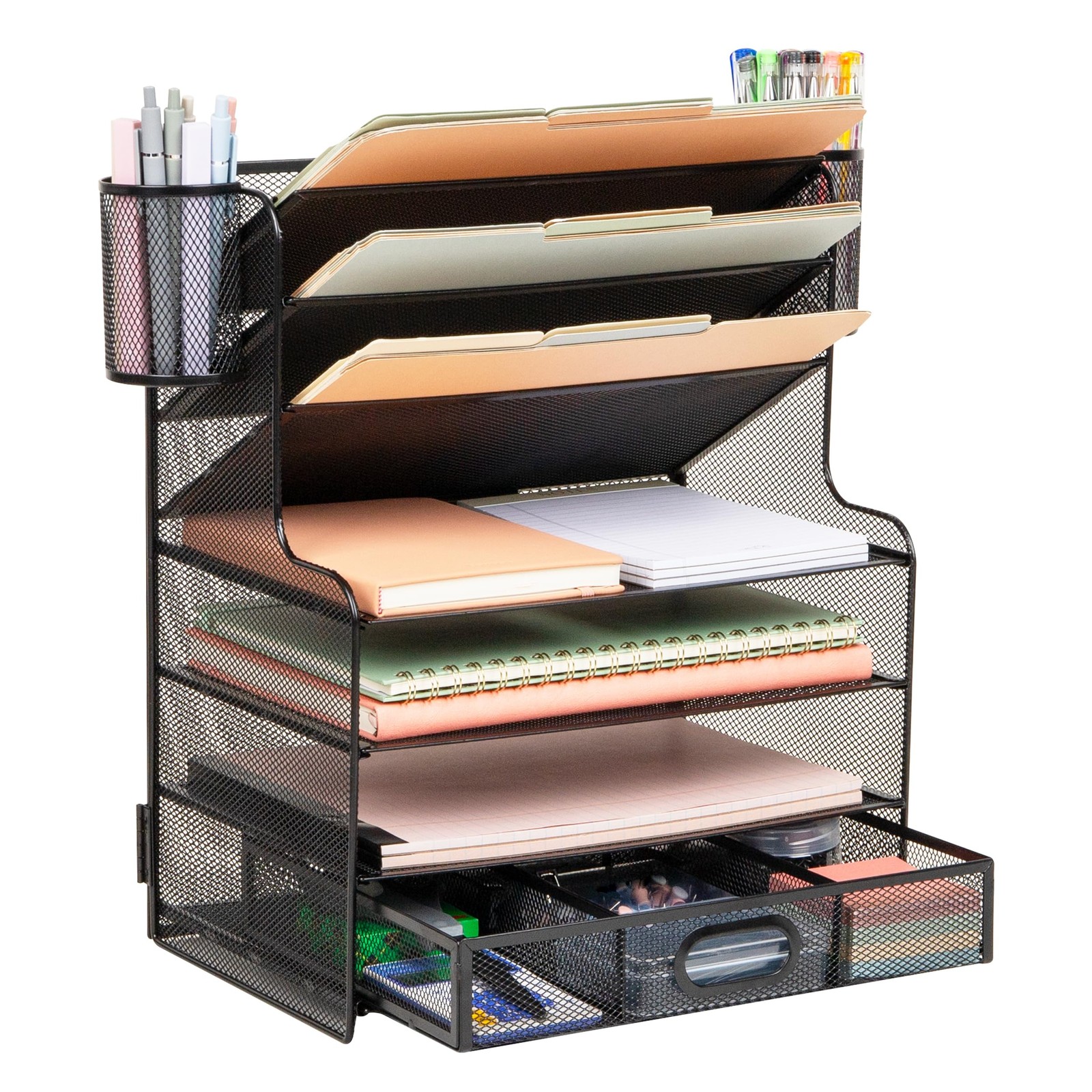 Mind Reader Mesh Desk Organizer 6 Compartments 1 Drawer 2 Pen Cups Office