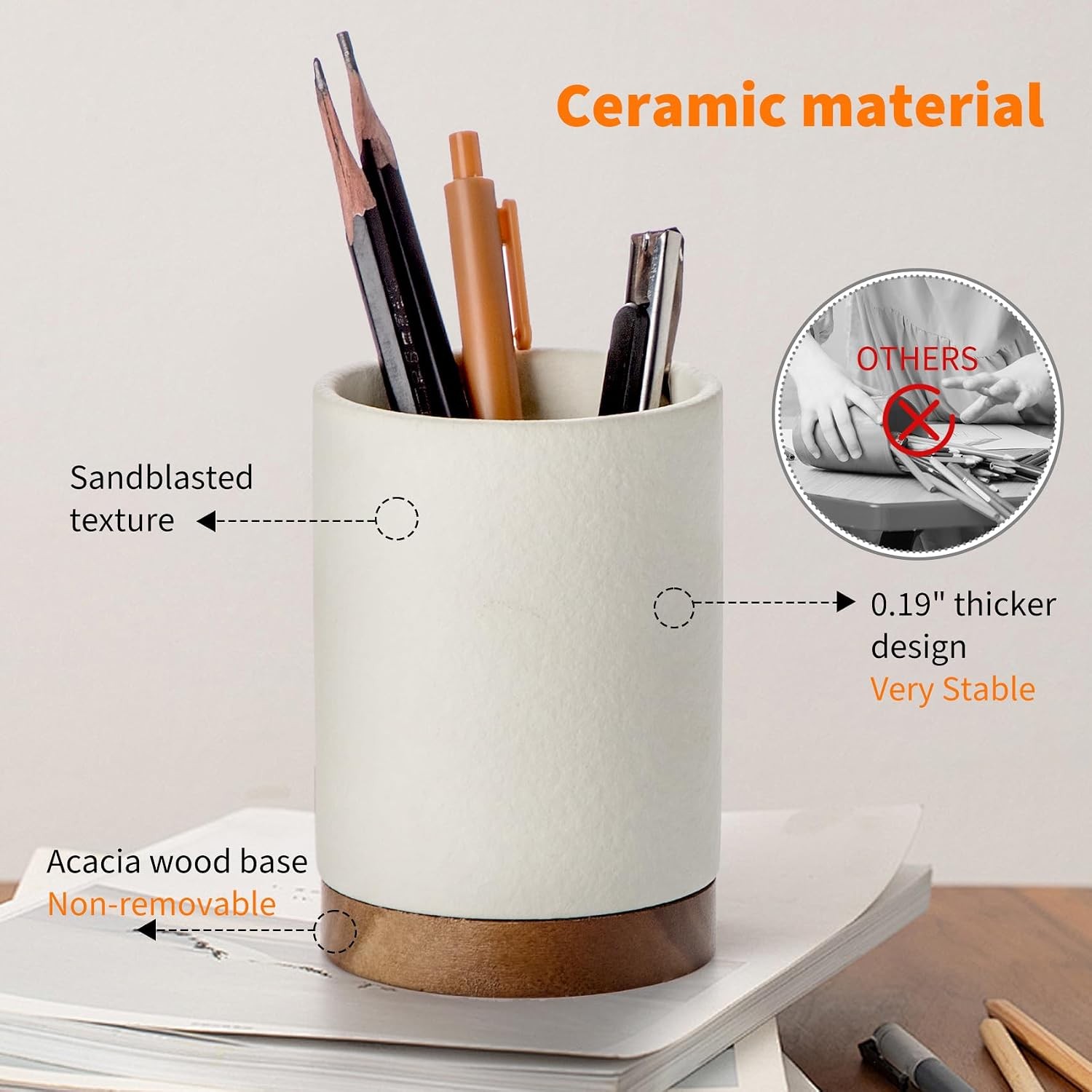Ceramic Pen Holder for Desk, Pencil Cup Organizer and Makeup Brush Holder, Pen