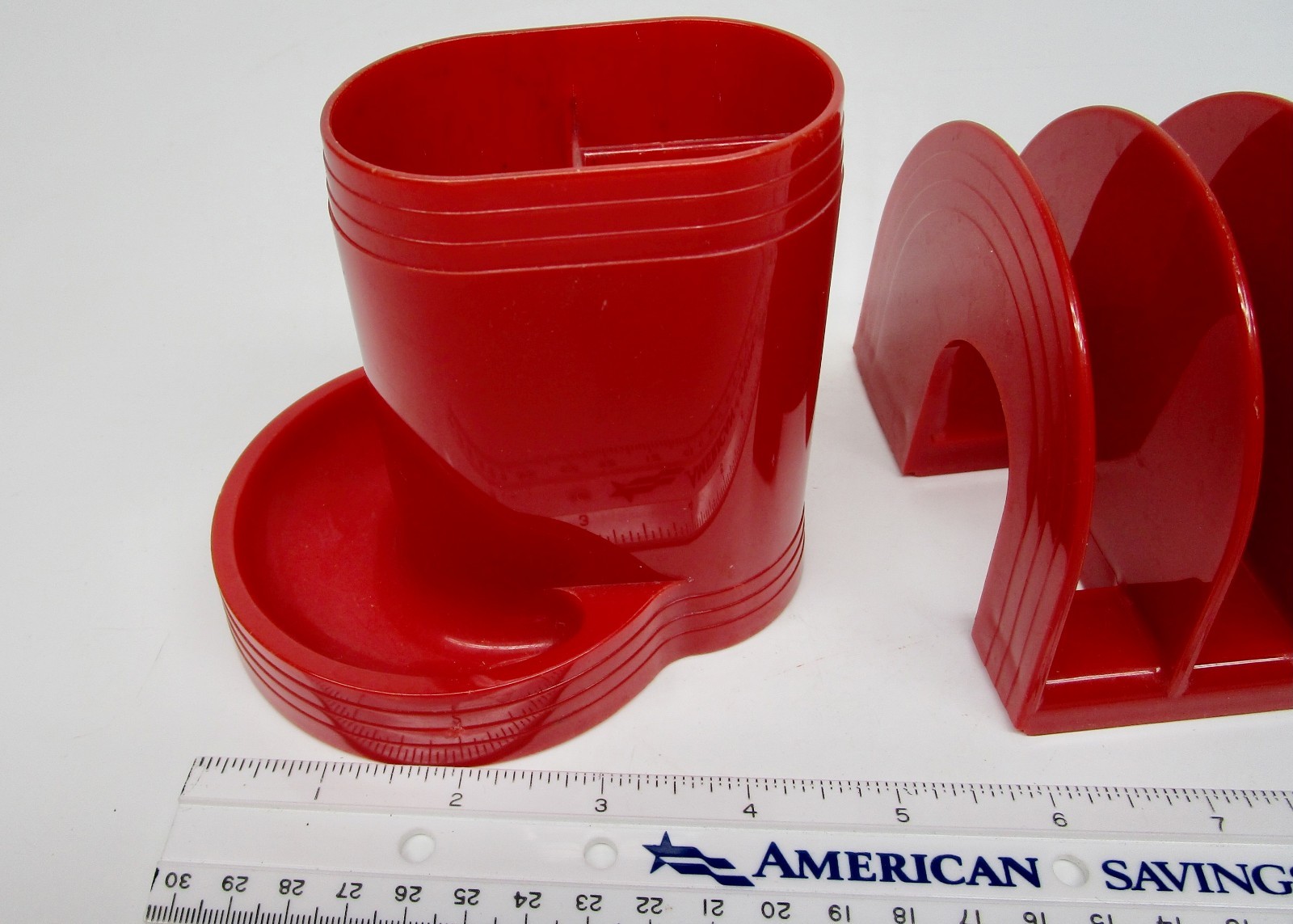 Vintage MCM pen pencil holder letter desk organizer red rainbow plastic Eldon