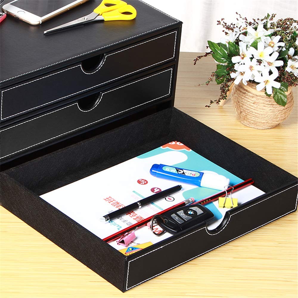 Ayunga Leather Desk Organizer with 3 Drawers, Executive Office Supplies Black