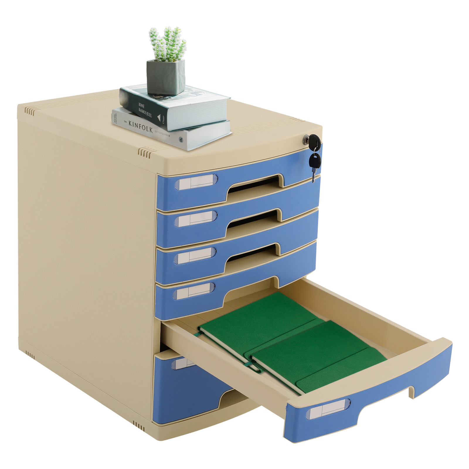 Modern Blue 6-Tier Plastic Desk Organizer with Lockable Drawers