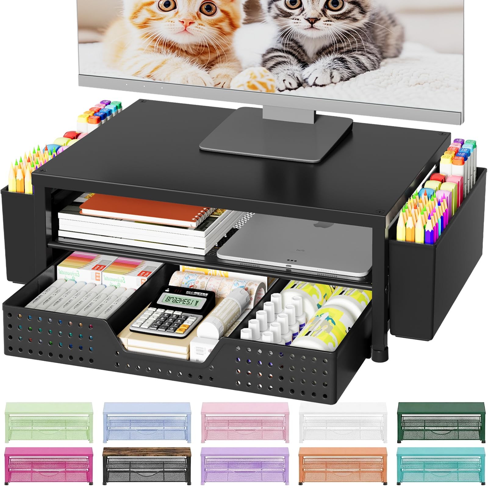 OPNICE Desk Organizers and Accessories, With Drawer 2 Pen Holders, Black