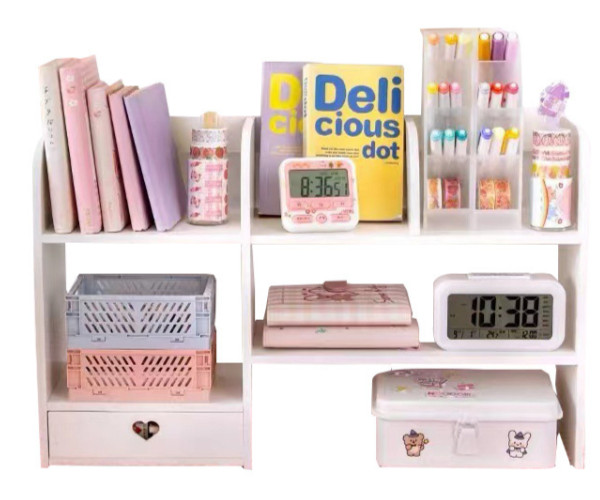 PVC Desk Organizer White – Small 2‑Tier Bookshelf with Drawer for Girls Bedroom
