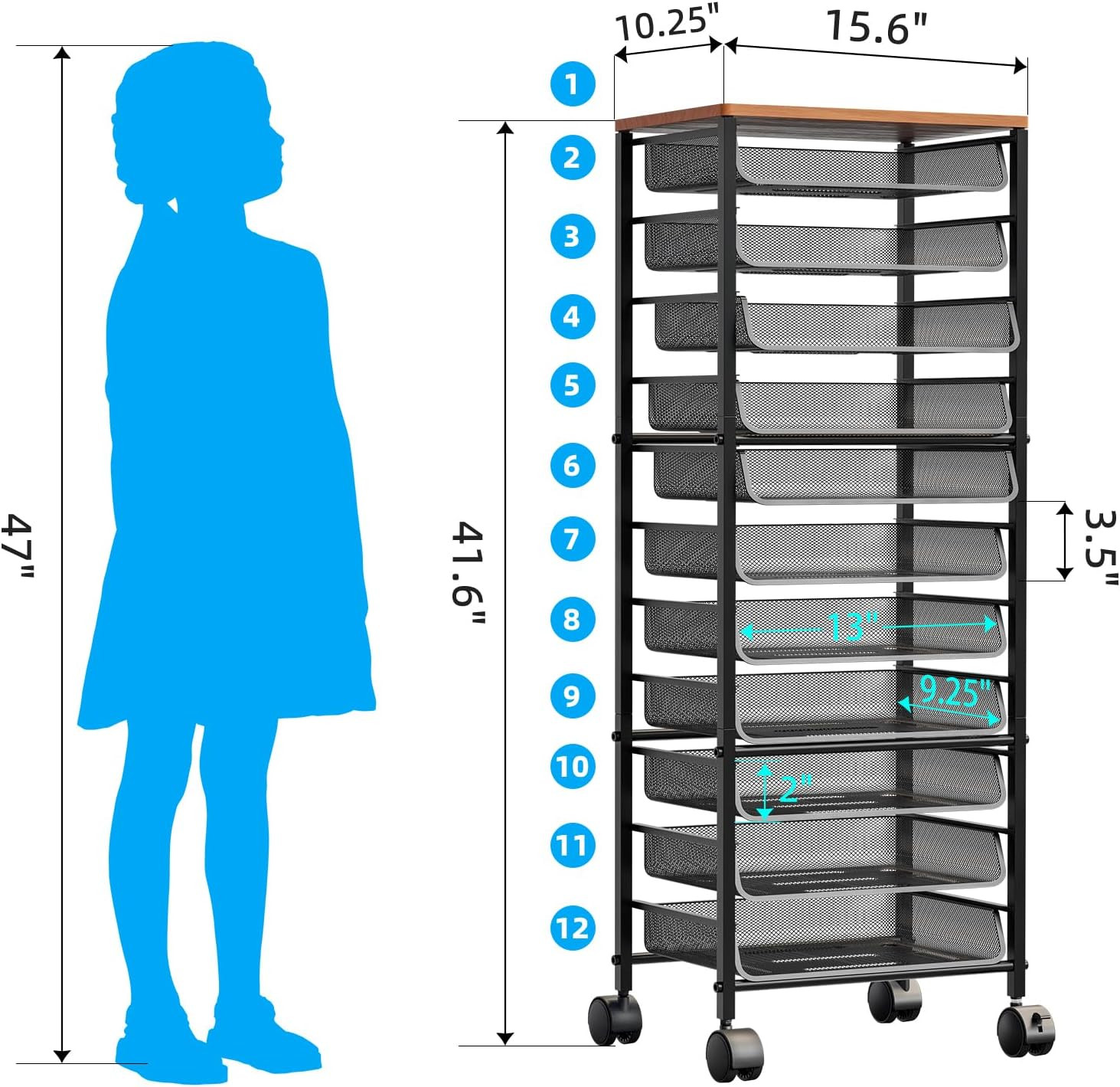 12-Tier Rolling File Cart, Desk File Organizer with 11 Mesh Sliding Trays, Lette