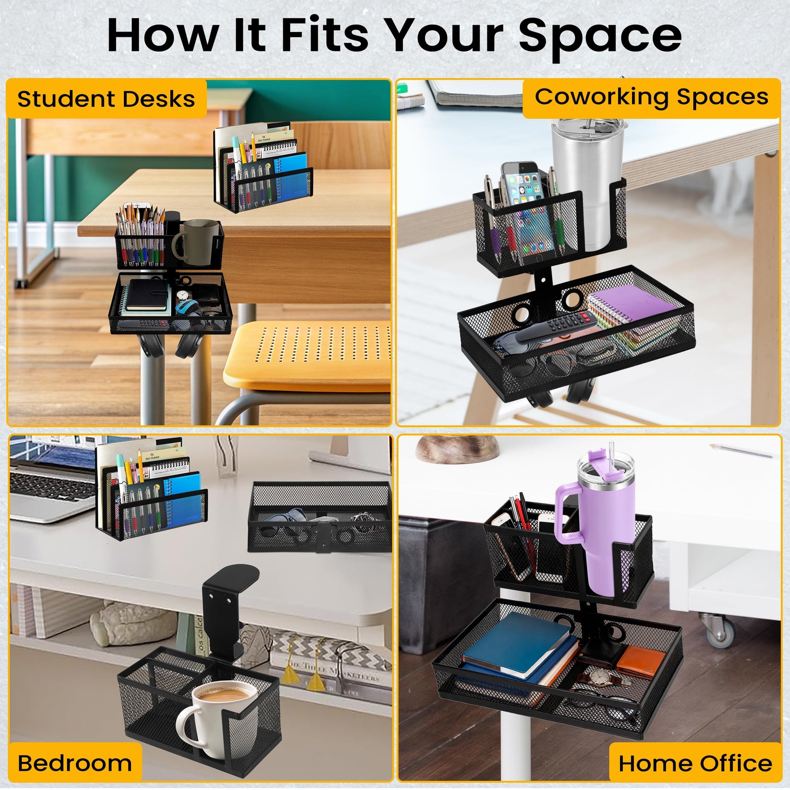 6-in-1 Clamp On Desk Organizer with Cup Holder & 360Â° Rotating Under Desk Dra