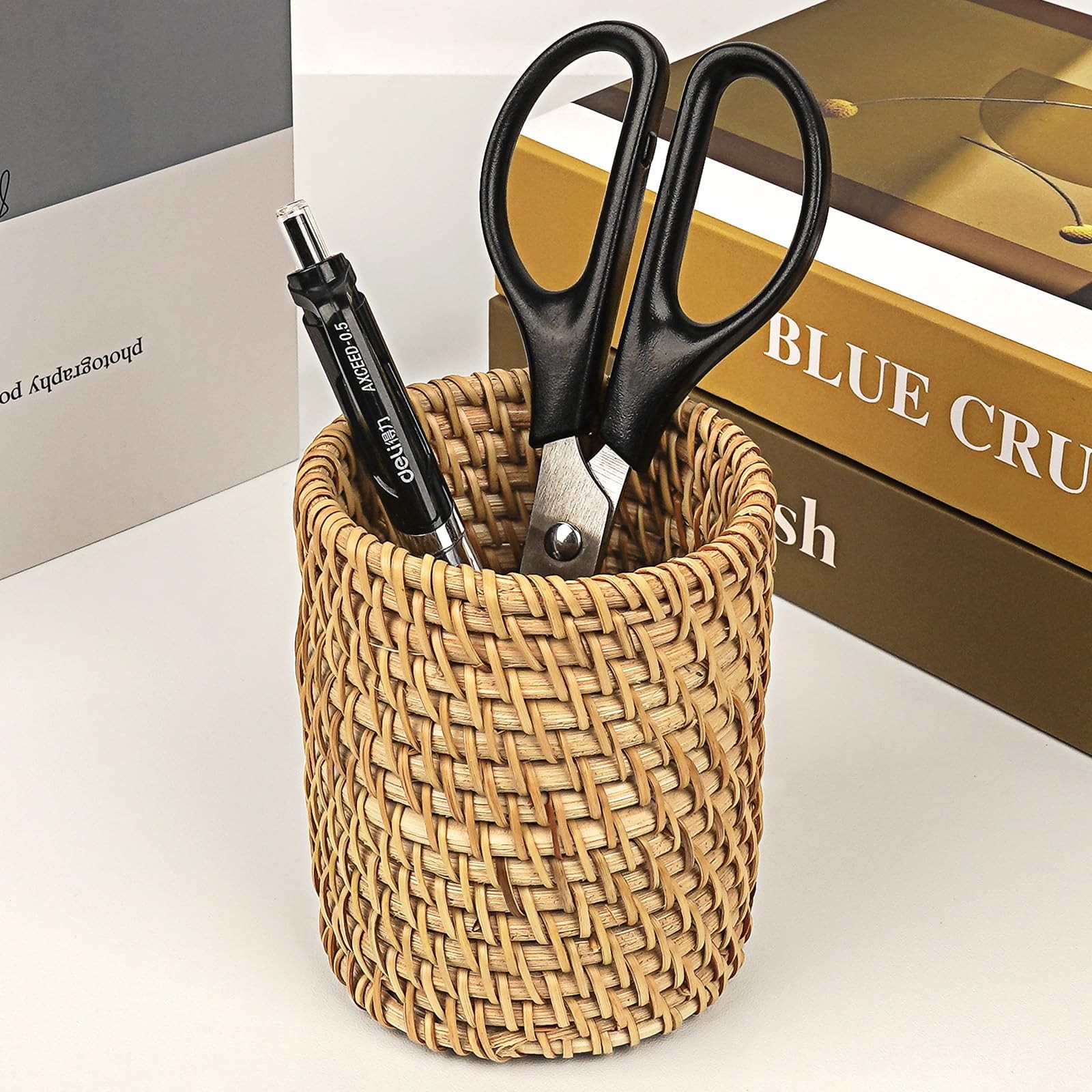 Wicker Rattan Pencil Holder, Cylindrical Desk Organizer Cup, Natural Brown, f…
