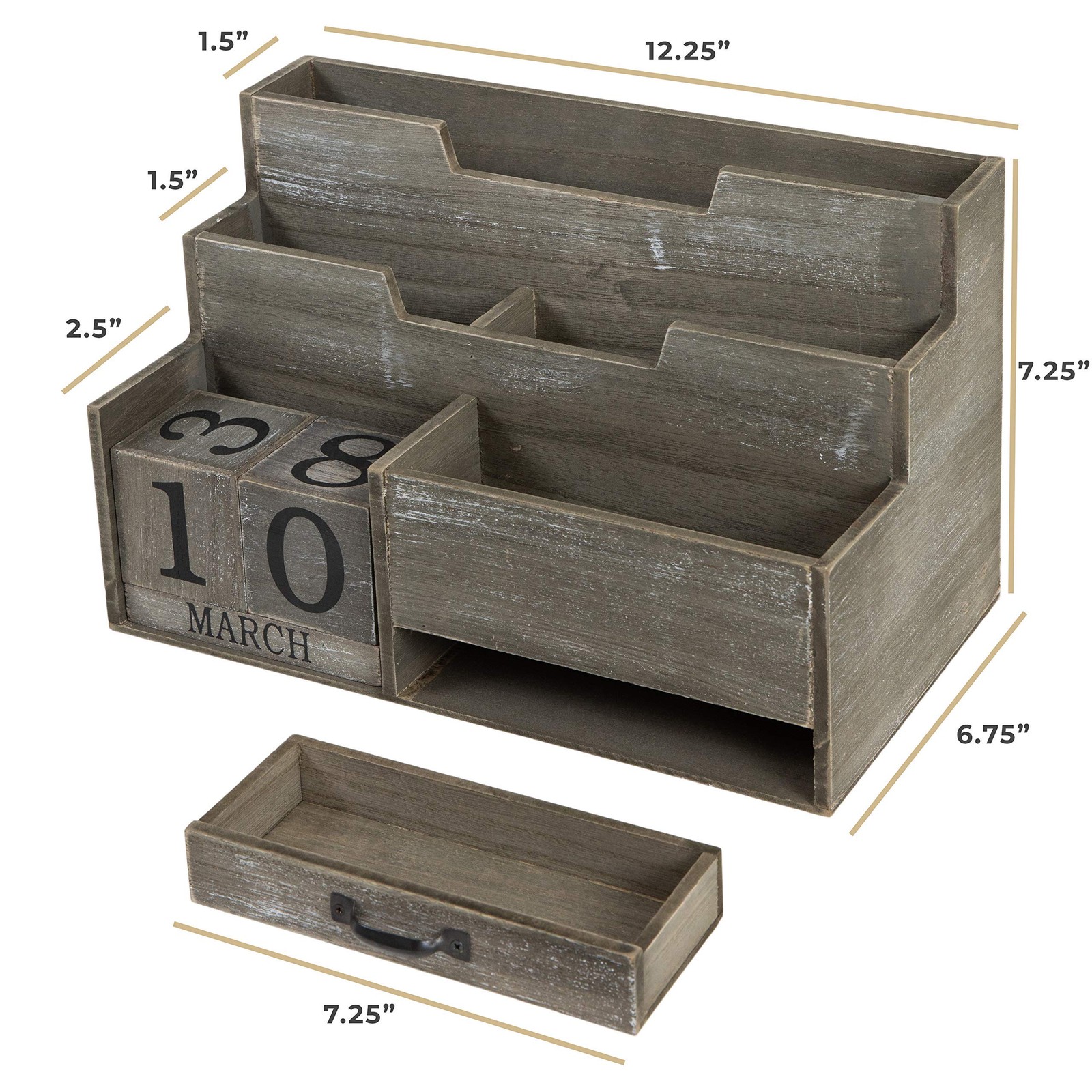 BLU MONACO | Dark Wooden Mail 3 Tier Calendar With Drawer, Wood