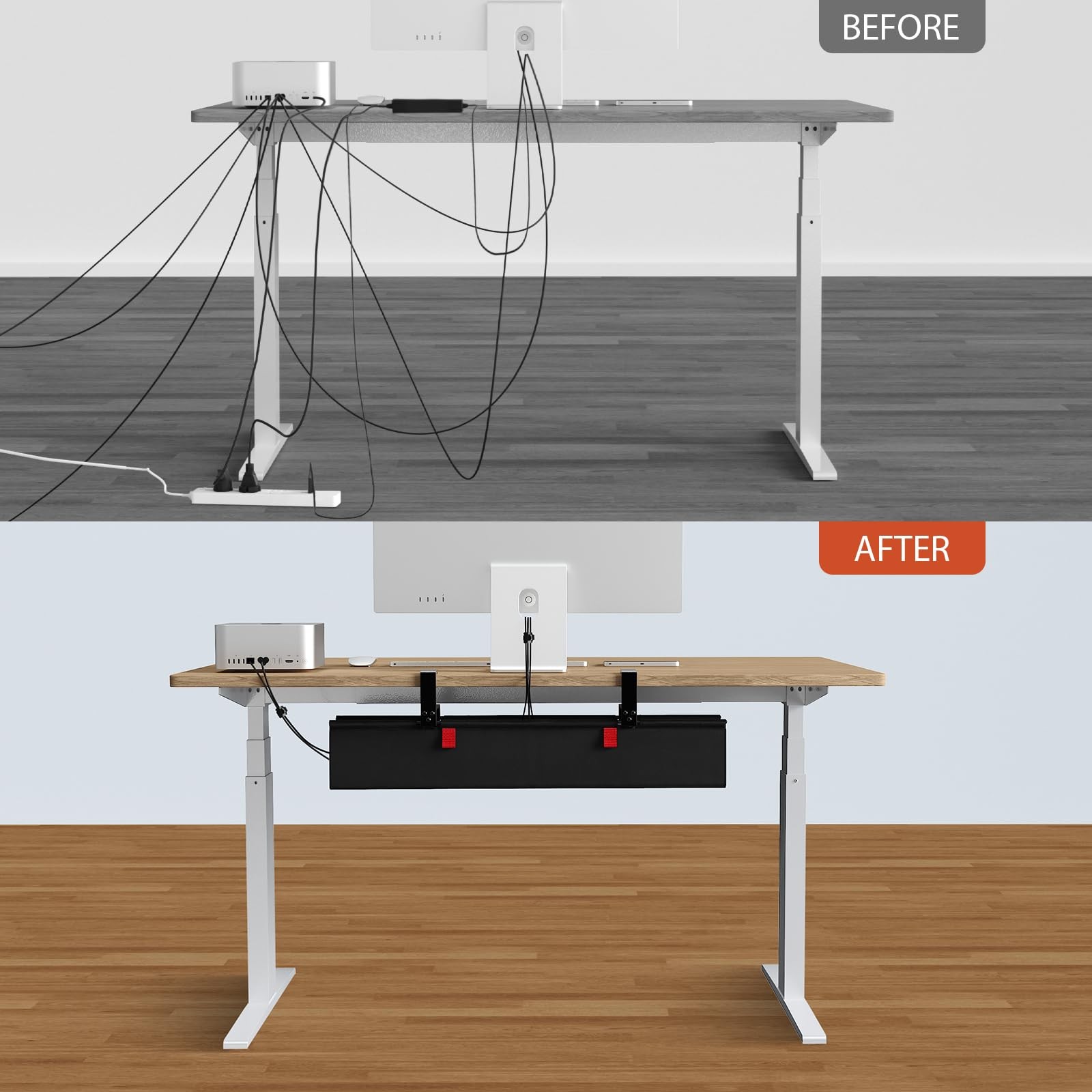 Univivi No Drill Under Desk Cable Management Tray, 28″ 28″L x 5.5″W, Black