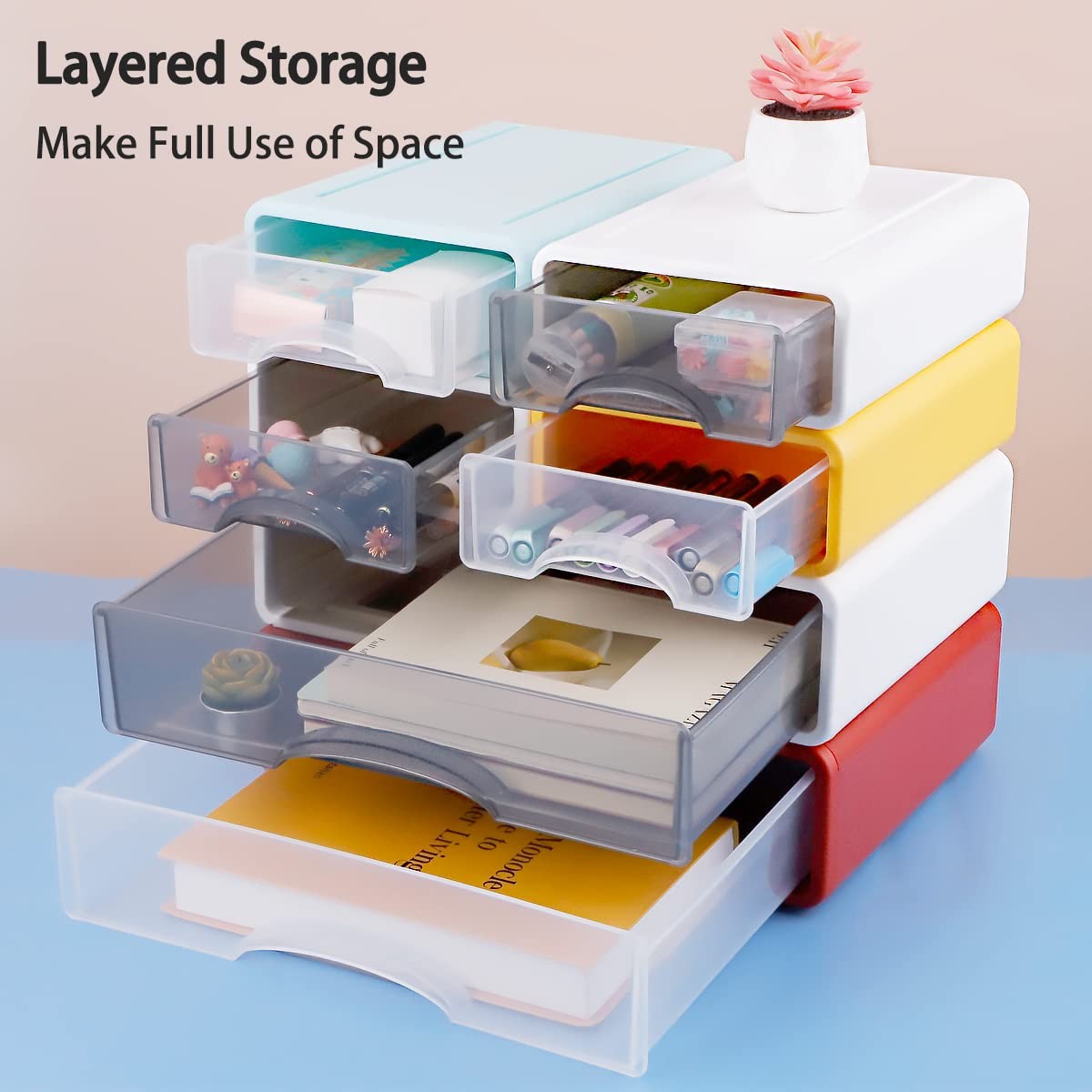 Stackable Desk Organizer, Large Desktop Storage Box with 3 Drawers, 13 Wide Lett