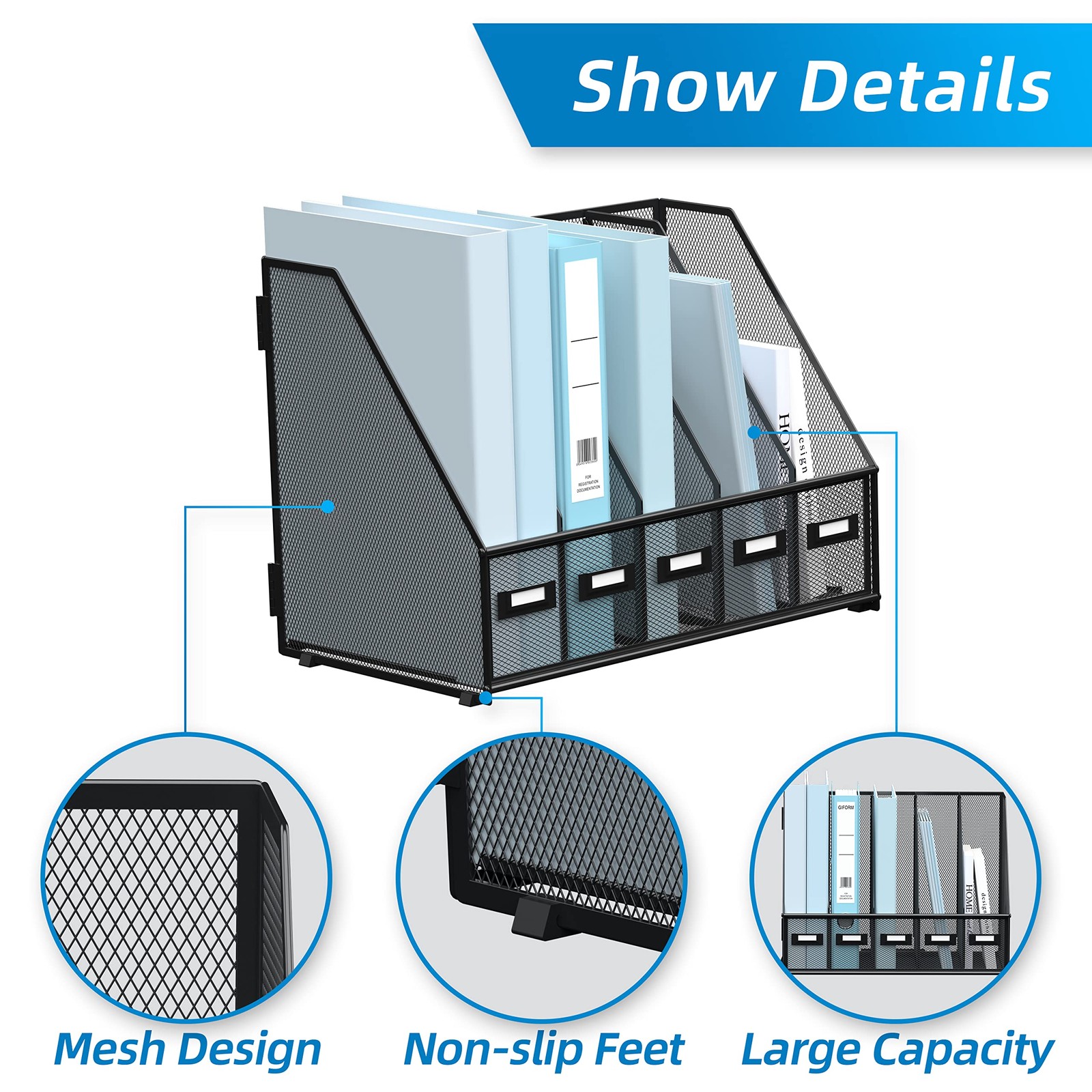 SUPEASY Desk Organizers Metal Magazine File Holder with 5 Small, Black