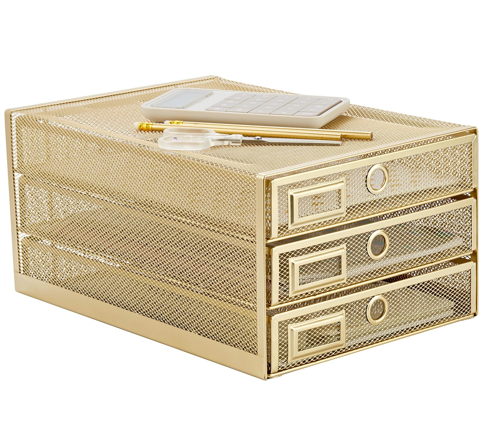 Annova Desk Organizer Wire Mesh 3 Tier Sliding Drawers Paper Gold