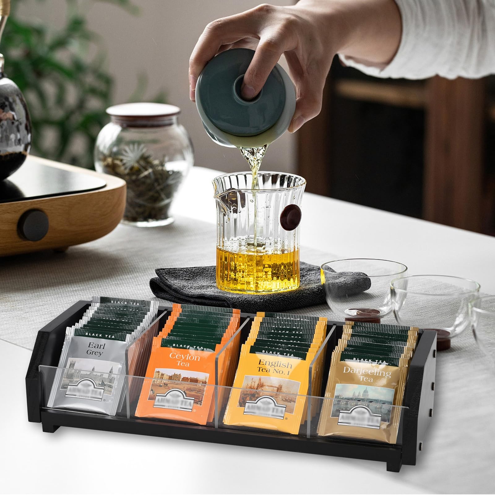 Tea Bag Holder Organizer Box with 4 Compartments, Pine Wood and Black