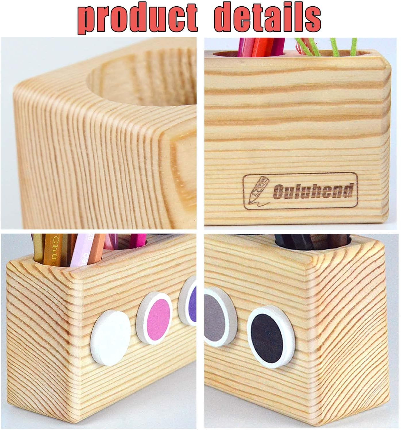 Desk Wood Colored Pen Pencil Holder, Solid Wooden Pencils Organizer Storage for